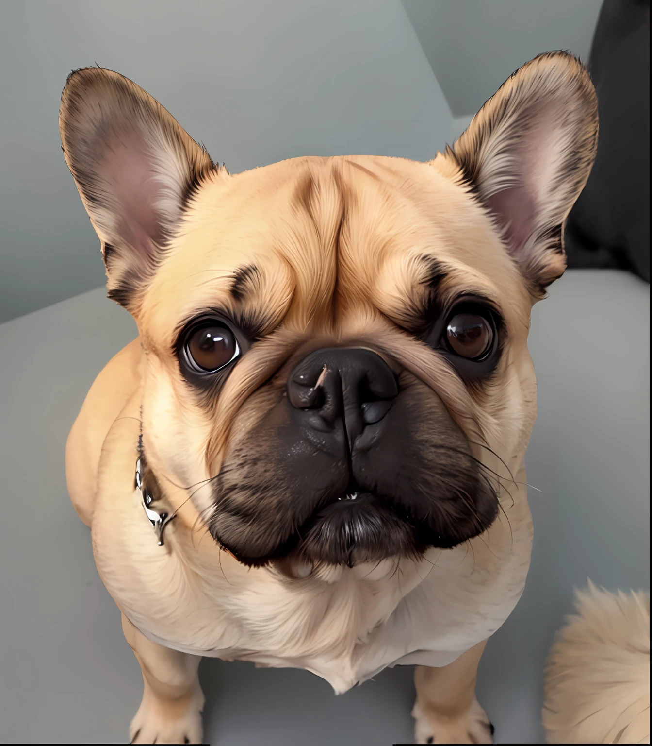 Araffe Dog looking at the camera with a sad look on his face, french bulldog, foto de retrato detalhada, Dog cute, looking-into-camera, cara de Pug, Pug, Looking towards the camera, foto de retrato em close-up, um hiper realista, Shutterstock, foto de retrato, looking-into-camera, Looking directly at the camera, Olhando