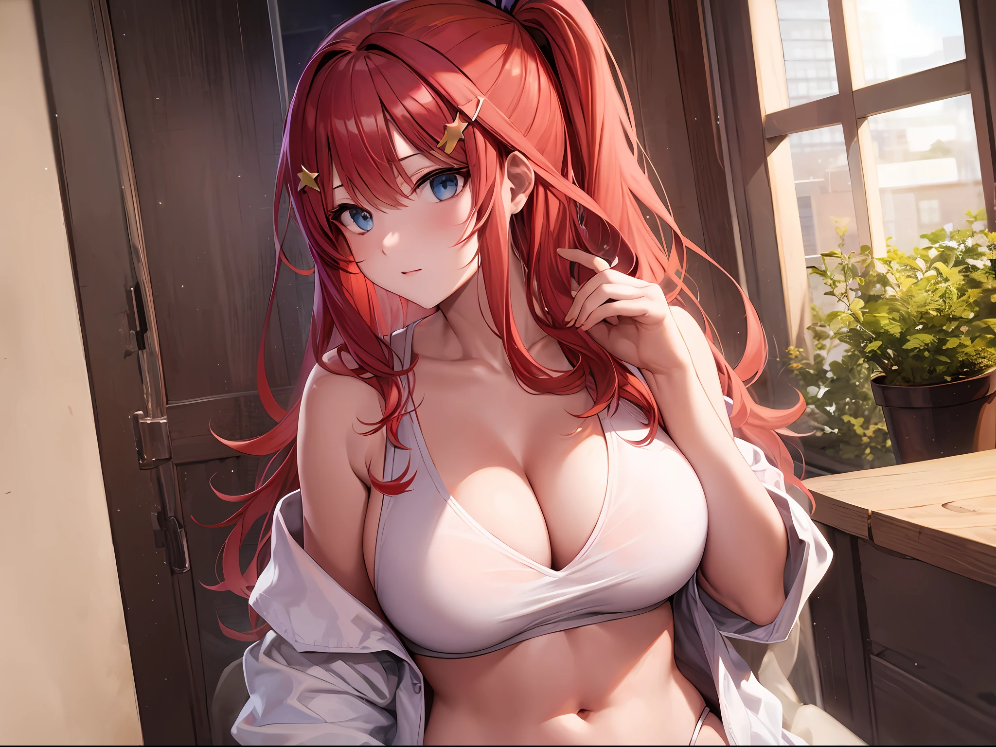 red hair, large breasts, underwear, in, cleavage, navel, white shirt, (brachial), skirt, lie, Body, sexy, sitting, star hairpins,