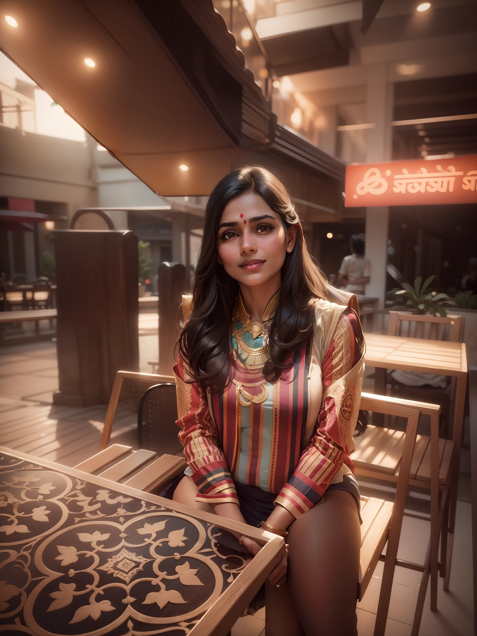 Cute indian mature girl, sitting in a restaurant table, sweet and beautiful with sexy body, sexy body big huge boobs, shinny face glow realistic ultra clear, ultra realistic, 8k, high definition, best art station picture, romantic atmosphere, best lighting full contrast, higb contrast, color combination perfect, realism realistic, best quality smile