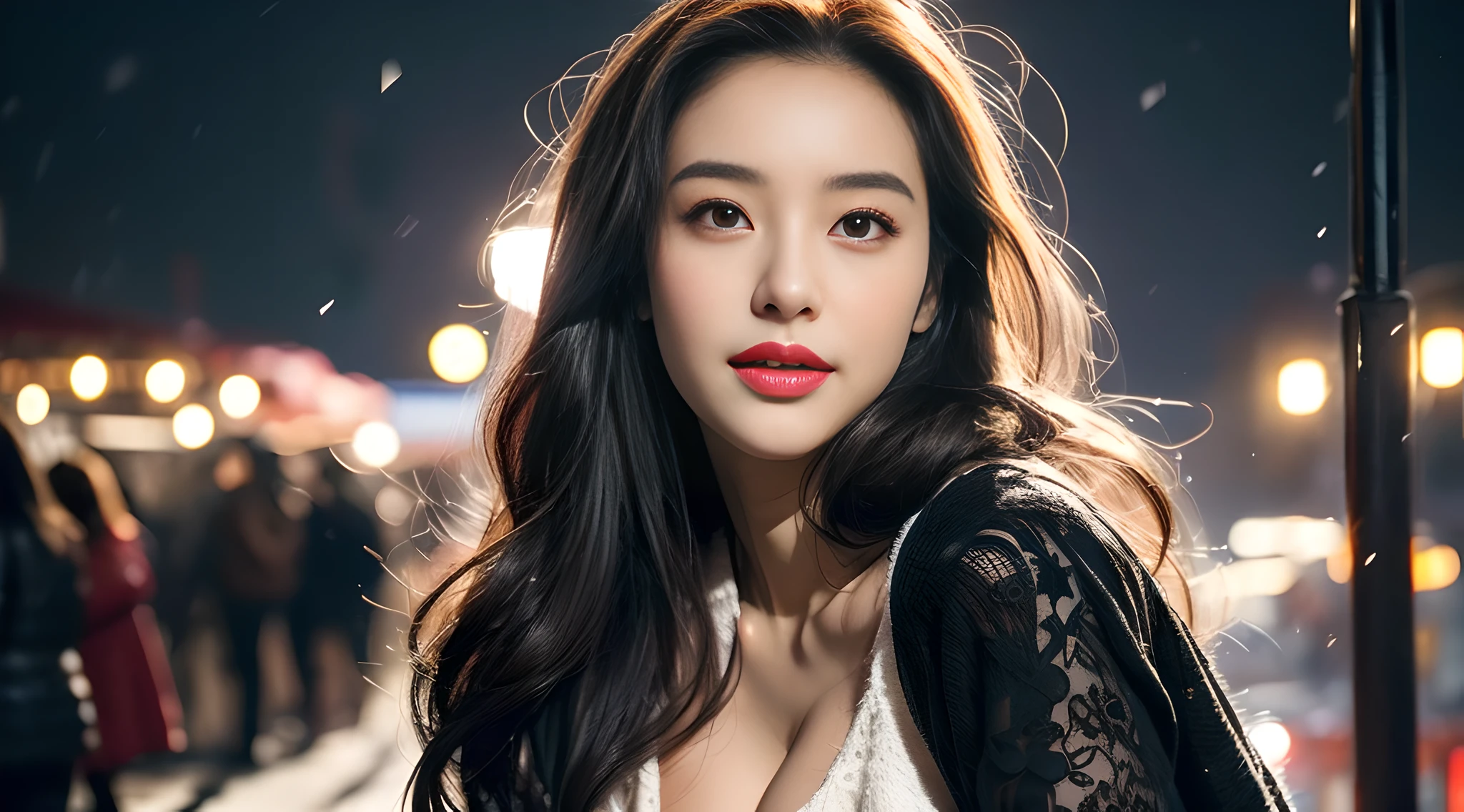 ((best qualtiy,tmasterpiece,超高分辨率)),(realisticlying:1.4),(Korean star poster-like),(((1girl))),From head to knees,Dynamic posture,adult face,Slim,(ssmile),(shiny skins),(contours,frontage,),whaite hair,long whitr hair,黑The eye,(big cleavage breasts),Top fashion,((White plush coat)),Lace,(short skirt),(Heavy snow:1.5,the night,city night scene),(Clear eyes),(Clear nose),(Clear lips),(Fair skin),(Ultra-realistic textile textures)