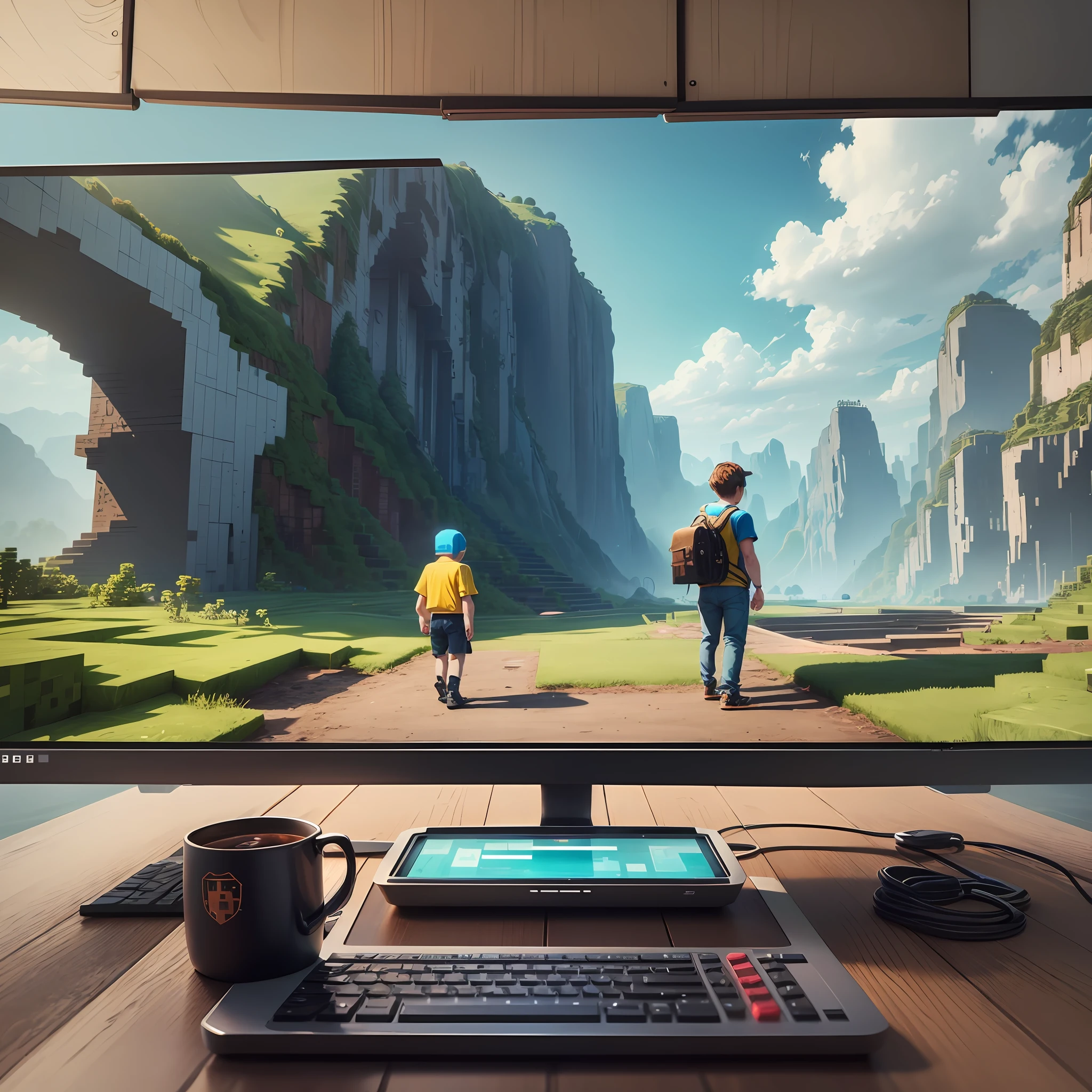 A line in the middle divides the screen, in the section on the right there is a teenager wearing t-shirt It's yellow and on the right there's a teenager wearing t-shirt Its color is light blue, YouTube logo, gaming, 8k, minecraft background --auto --s2