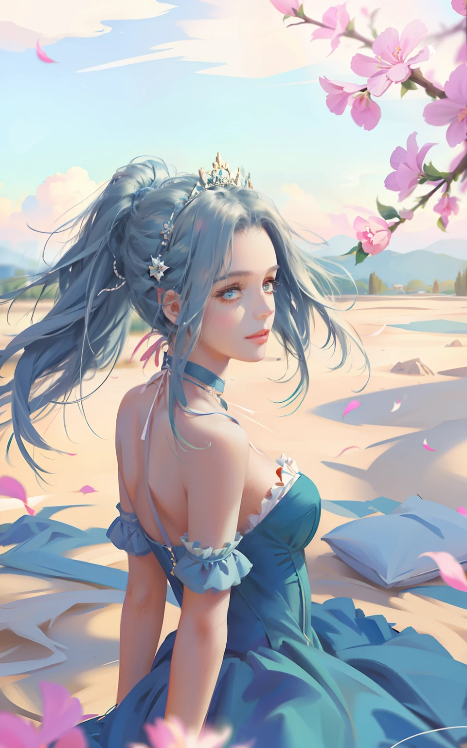 （ultraclear，A high resolution，Surprising detail，1girll，dual horsetail，frizzy hair，Hair soars，Delicate facial features）ssmile，Sky blue double ponytail and blue eyes，Anime girl in sky blue dress，tiara crown，Highly saturated color，Natural light，Anime princess,  portrait of magical girl, loli in dress,Lolita prostitute，style of magical girl, Anime style