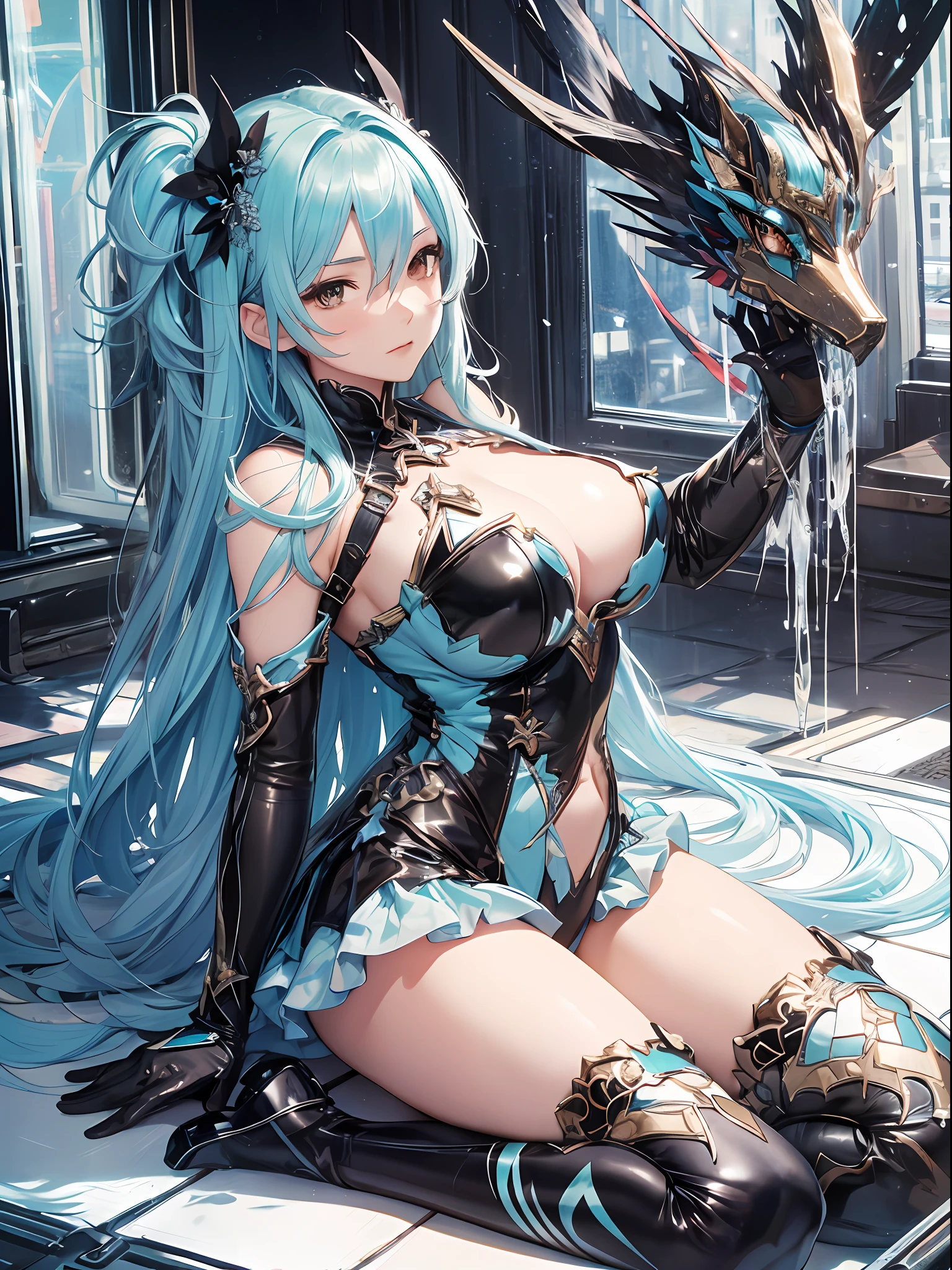 （Enrich the picture，Masterpiece level quality）Beautiful 8K CG artwork，Goddess-like posture，Kneeling exercise，Slim and soft，Translucent skin，Aqua blue hair、The aesthetic look of extra-long hair and messy hair，The skin is fair and juicy，Big JK Uniform，Perspective Part 1.2x enhanced silhouette effect，Exquisite transparent blues pattern in pajamas，The details are intricate and exquisite，The background is slightly blurred，Charming and lustful leg seduction，Drool，Extra-large big breasts，Blush，