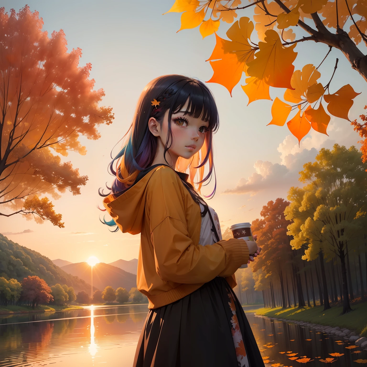 watercolor paiting(Beautifully Aesthetic:1.2)、(1girl in:1.3)、(colourful hair、Half black and half orange:1.2)、Eau、liquids、natta、colourfull、Beautiful sunset、Fantastic twilight、Large ginkgo tree、Many ginkgo leaves are waiting