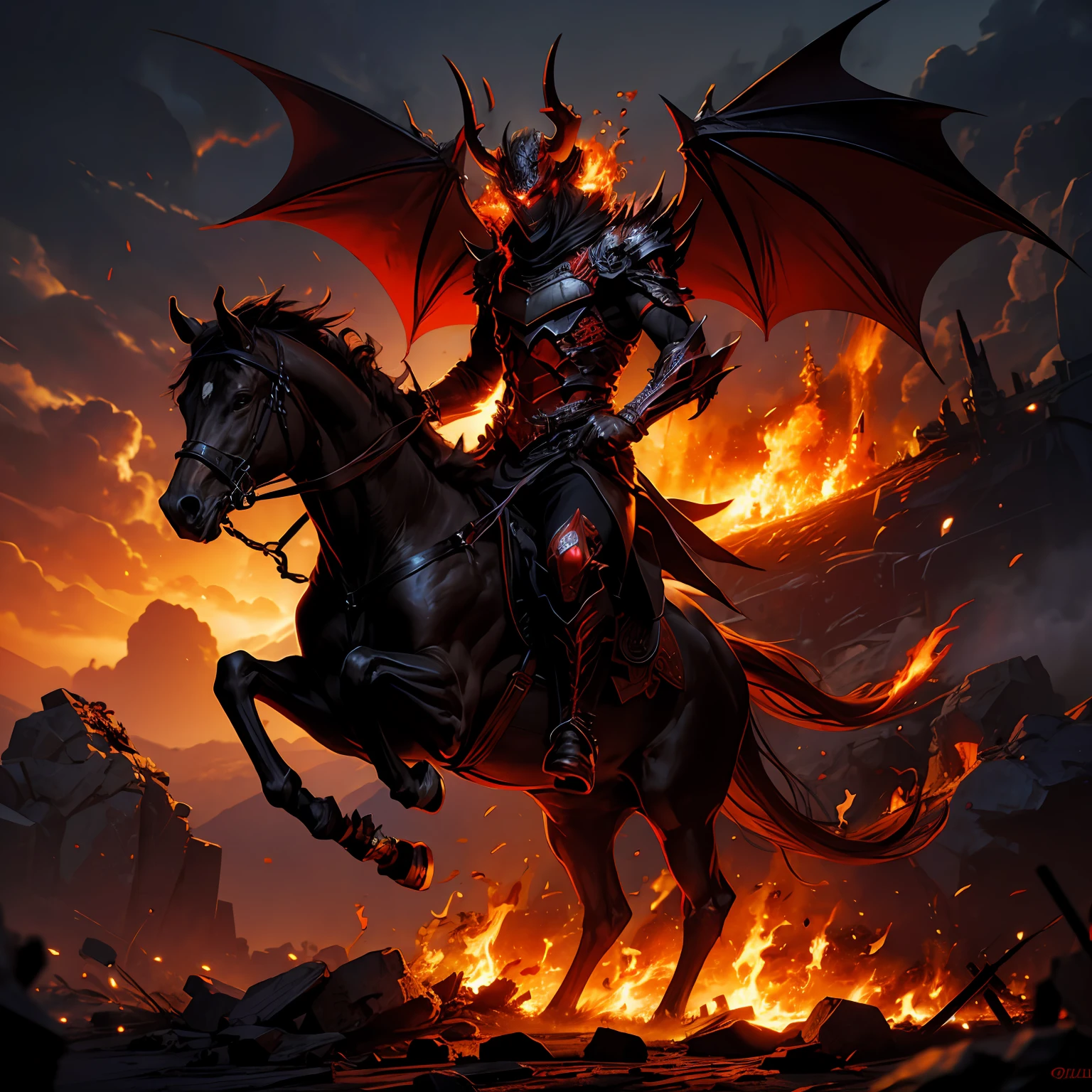 Demon on a horse, red eyes, hell, hellish, flames, dynamic pose, high quality