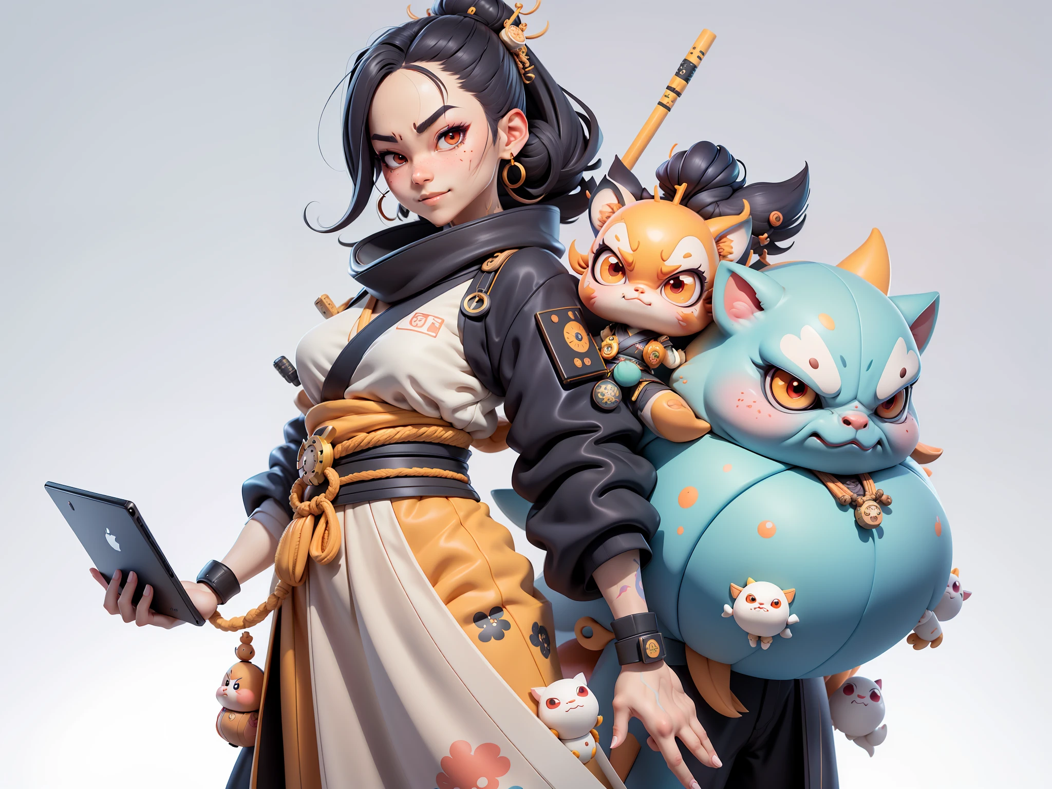 (Daisaku),(Need),(Super meticulous),(full bodyesbian:1.2),Japanese ukiyo-e girl，japanese geisha，Beautiful，Oriental dragon，Aeolian Thor，Raised sexy，爆乳，Oriental face，TV Anchor，Bust portrait illustration，Alone，In black suit，a blue tie，The face is slightly chubby，The face was clean，without a beard，Black super short hair，Black eyes，Smile confidently，3C computer sub-products，iPad， iphone，Digital painting，3D character design by Mark Clairen and Pixar and Hayao Miyazaki and Akira Toriyama，The illustration is a high-definition illustration in 4K resolution，With very detailed facial features and cartoon-style visuals。