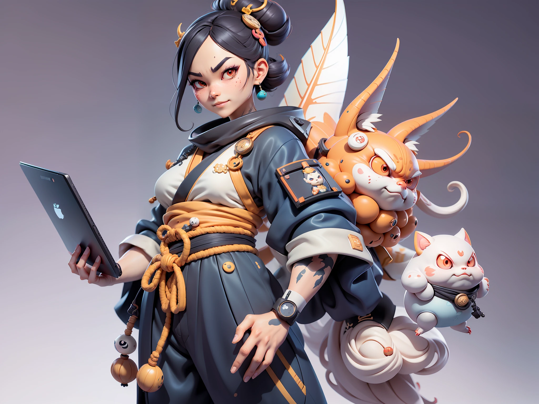 (Daisaku),(Need),(Super meticulous),(full bodyesbian:1.2),Japanese ukiyo-e girl,japanese geisha,Beautiful,Oriental dragon,Aeolian Thor,Raised sexy,爆乳,Oriental face,TV Anchor,Bust portrait illustration,Alone,In black suit,a blue tie,The face is slightly chubby,The face was clean,without a beard,Black super short hair,Black eyes,Smile confidently,3C computer sub-products,iPad, iphone,Digital painting,3D character design by Mark Clairen and Pixar and Hayao Miyazaki and Akira Toriyama,The illustration is a high-definition illustration in 4K resolution,With very detailed facial features and cartoon-style visuals。