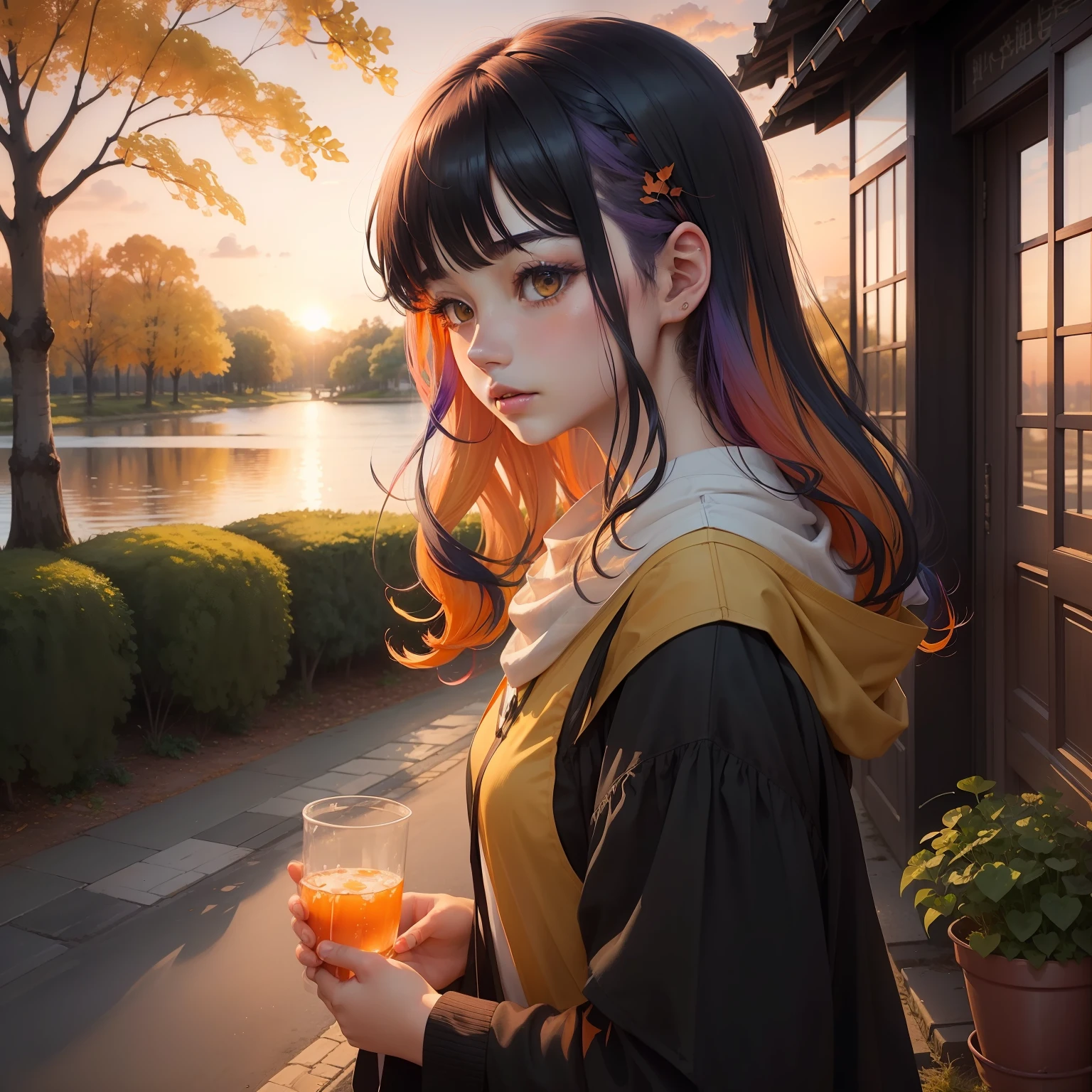 watercolor paiting(Beautifully Aesthetic:1.2)、(1girl in:1.3)、(colourful hair、Half black and half orange:1.2)、Eau、liquids、natta、colourfull、Beautiful sunset、Fantastic twilight、Large ginkgo tree、Many ginkgo leaves are waiting