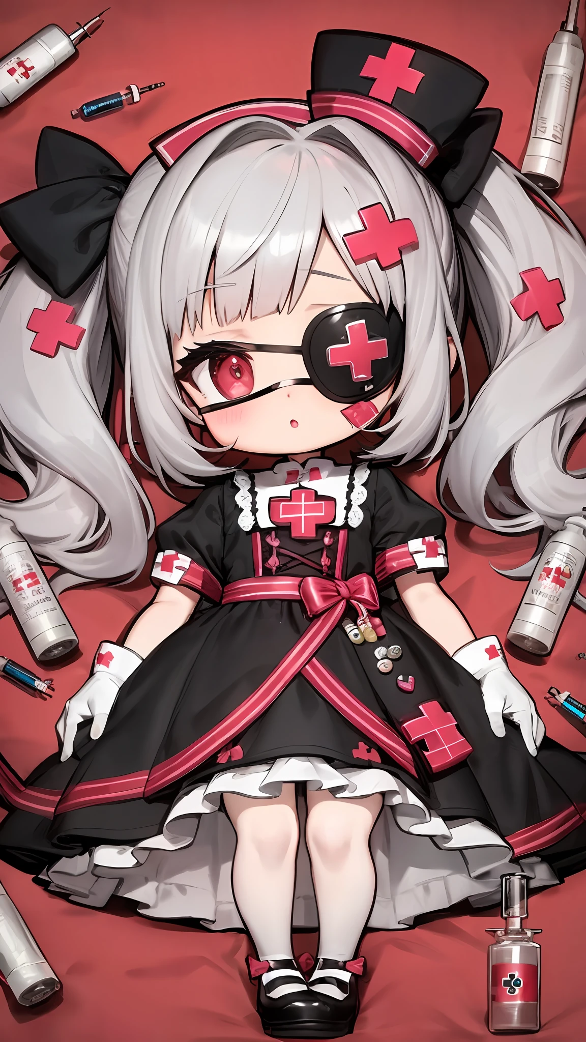 Character design,clothing design,Lolita prostitute,Gorgeous dress,mitts,curlies,very intricate,Exquisite,shift dresses,Bow knot,frilld,ribbon,bandagens,Nurse style,Huge syringe,pill,Red Cross,Y2K,E-girls,Unilateral eye patch,Love decoration,subculture,Sick,bloods