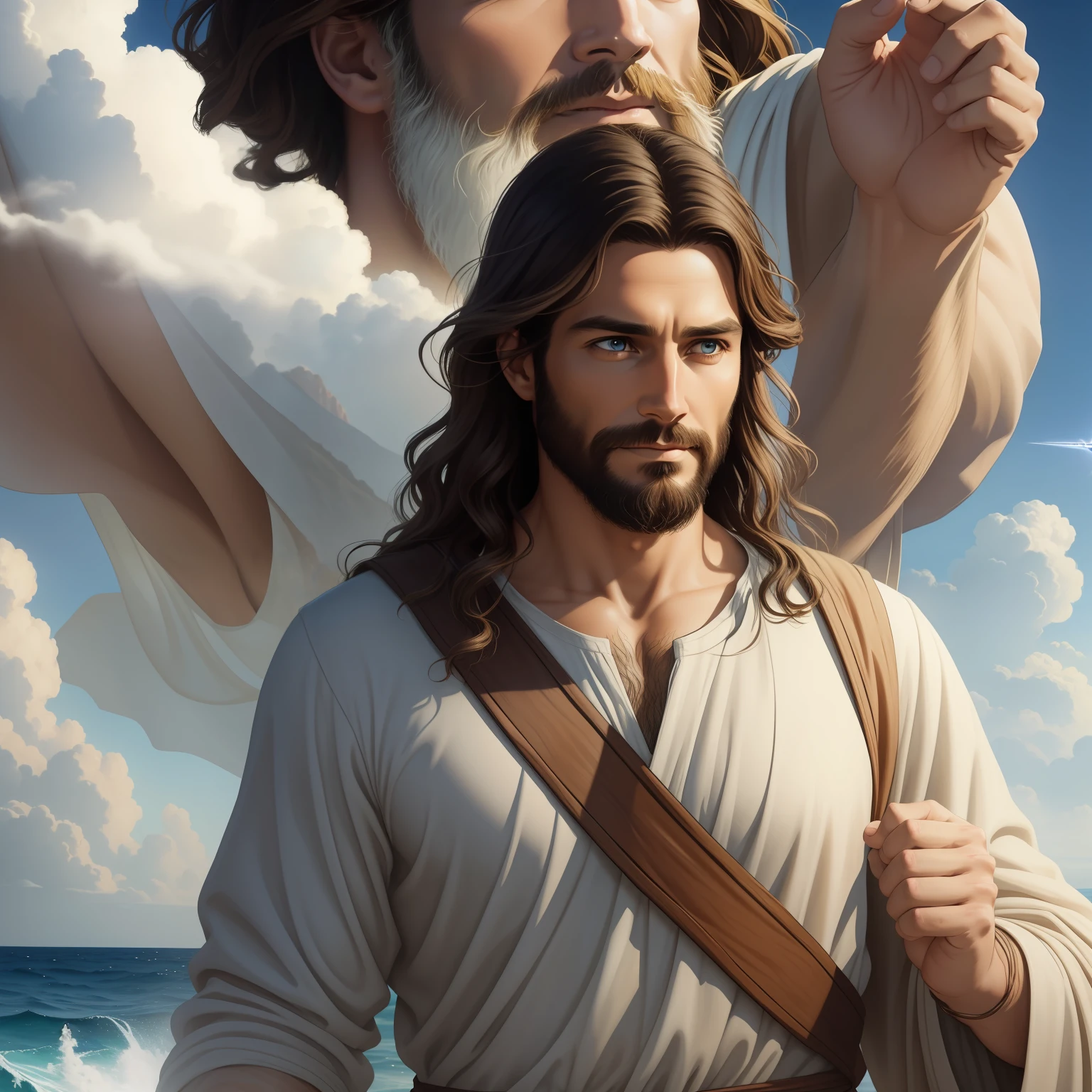 A beautiful ultra-thin realistic portrait of Jesus, the prophet, a man 35 years old Hebrew brunette, short brown hair, real perfect eyes, long brown beard, with, Helping People , wearing long linen tunic closed on the chest part, in front view masterpiece,  full body, biblical, realistic,by Diego Velázquez,Peter Paul Rubens,Rembrandt,Alex Ross,8k, Concept Art, PhotoRealistic, Realistic,  Illustration, Oil Painting, Surrealism, HyperRealistic, helping people , Digital art, style, watercolorReal Jesus flying on sky with a flying cloud in the background, Jesus walking on water, biblical illustration, epic biblical representation, forcing him to flee, coming out of the ocean, ! holding in hand!, disembarking, god of the ocean, beautiful representation, 8k 3D Model, realistic,
a 3D Realistic of jesus with a halo in the sky, jesus christ, smiling in heaven, portrait of jesus christ, jesus face, 35 young almighty god, portrait of a heavenly god, greg olsen, gigachad jesus, jesus of nazareth, jesus, the face of god, god looking at me, he is greeting you warmly, he is happy, avatar image,  on the top heaven sky