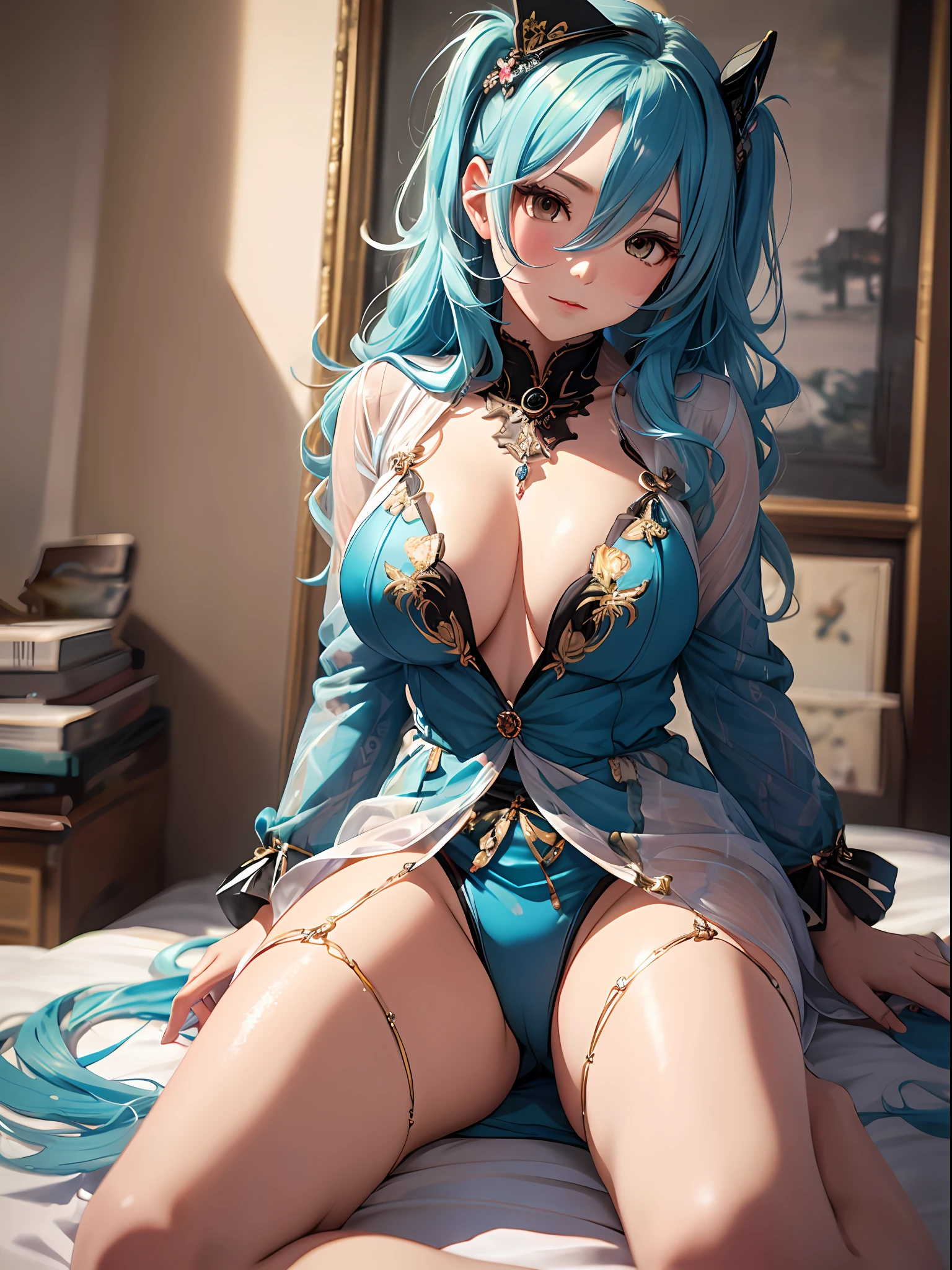 (Enrich the picture,Masterpiece level quality)Beautiful 8K CG artwork,Goddess-like posture,Kneeling exercise,Slim and soft,Translucent skin,Aqua blue hair、The aesthetic look of extra-long hair and messy hair,The skin is fair and juicy,Big JK Uniform,Perspective Part 1.2x enhanced silhouette effect,Exquisite transparent blues pattern in pajamas,The details are intricate and exquisite,The background is slightly blurred,Charming and lustful leg seduction,Drool,Extra-large big breasts,Blush,