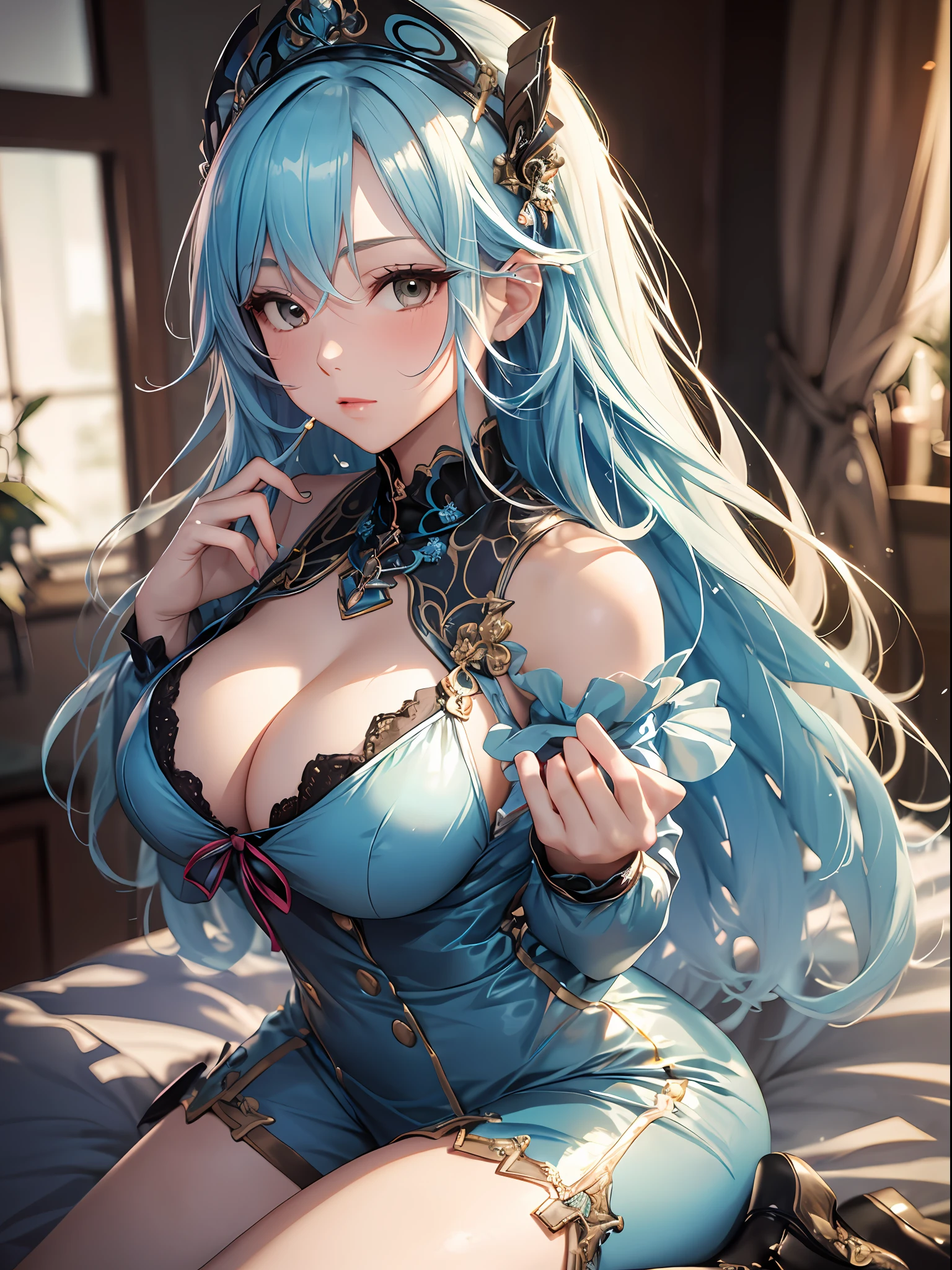 （Enrich the picture，Masterpiece level quality）Beautiful 8K CG artwork，Goddess-like posture，Kneeling exercise，Slim and soft，Translucent skin，Aqua blue hair、The aesthetic look of extra-long hair and messy hair，The skin is fair and juicy，Big JK Uniform，Perspective Part 1.2x enhanced silhouette effect，Exquisite transparent blues pattern in pajamas，The details are intricate and exquisite，The background is slightly blurred，Charming and lustful leg seduction，Drool，Extra-large big breasts，Blush，