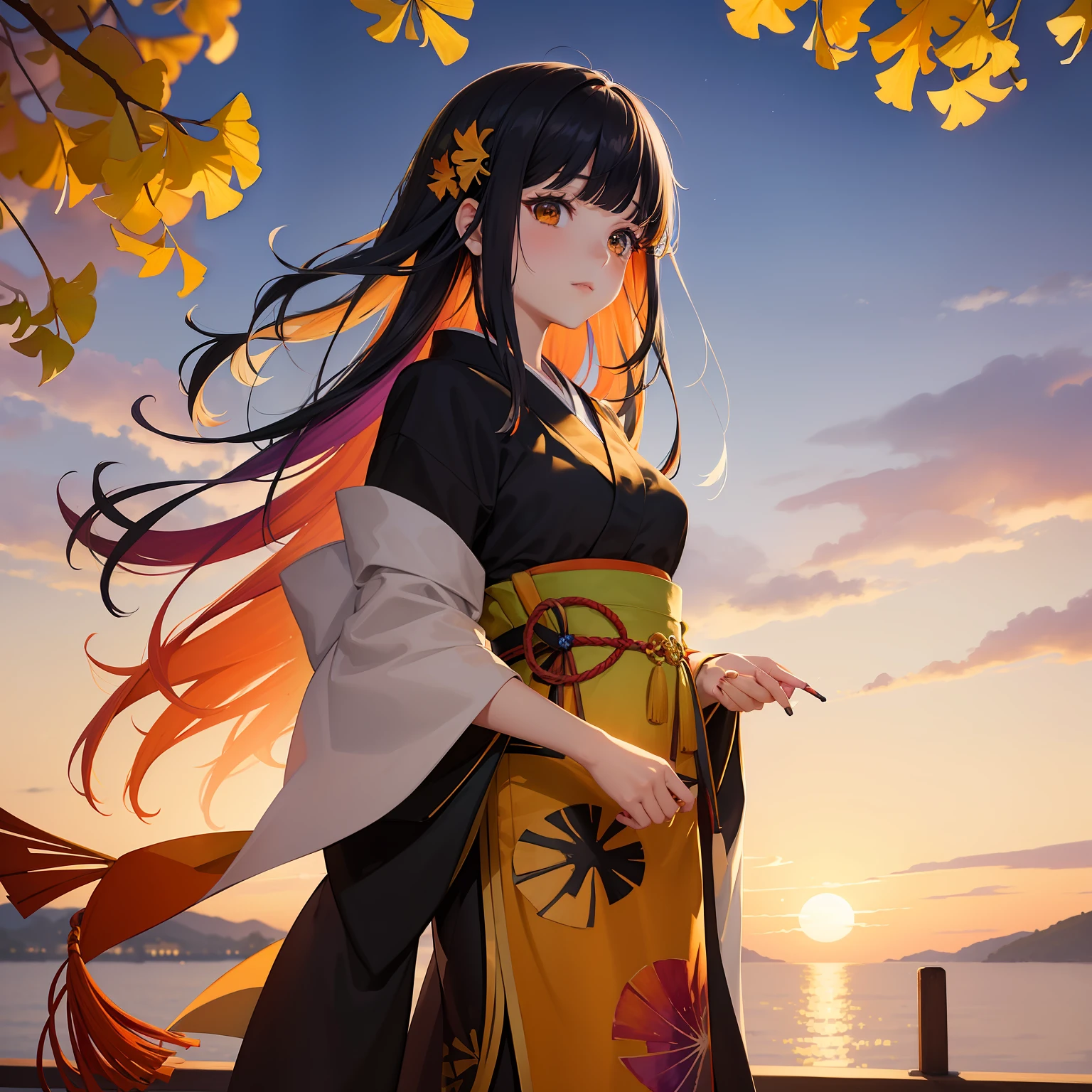 watercolor paiting(Beautifully Aesthetic:1.2)、(1girl in:1.3)、(colourful hair、Half black and half orange:1.2)、Eau、liquids、natta、colourfull、Beautiful sunset、Fantastic twilight、Large ginkgo tree、Many ginkgo leaves are dancing、Japanese dress、Gentle expression、