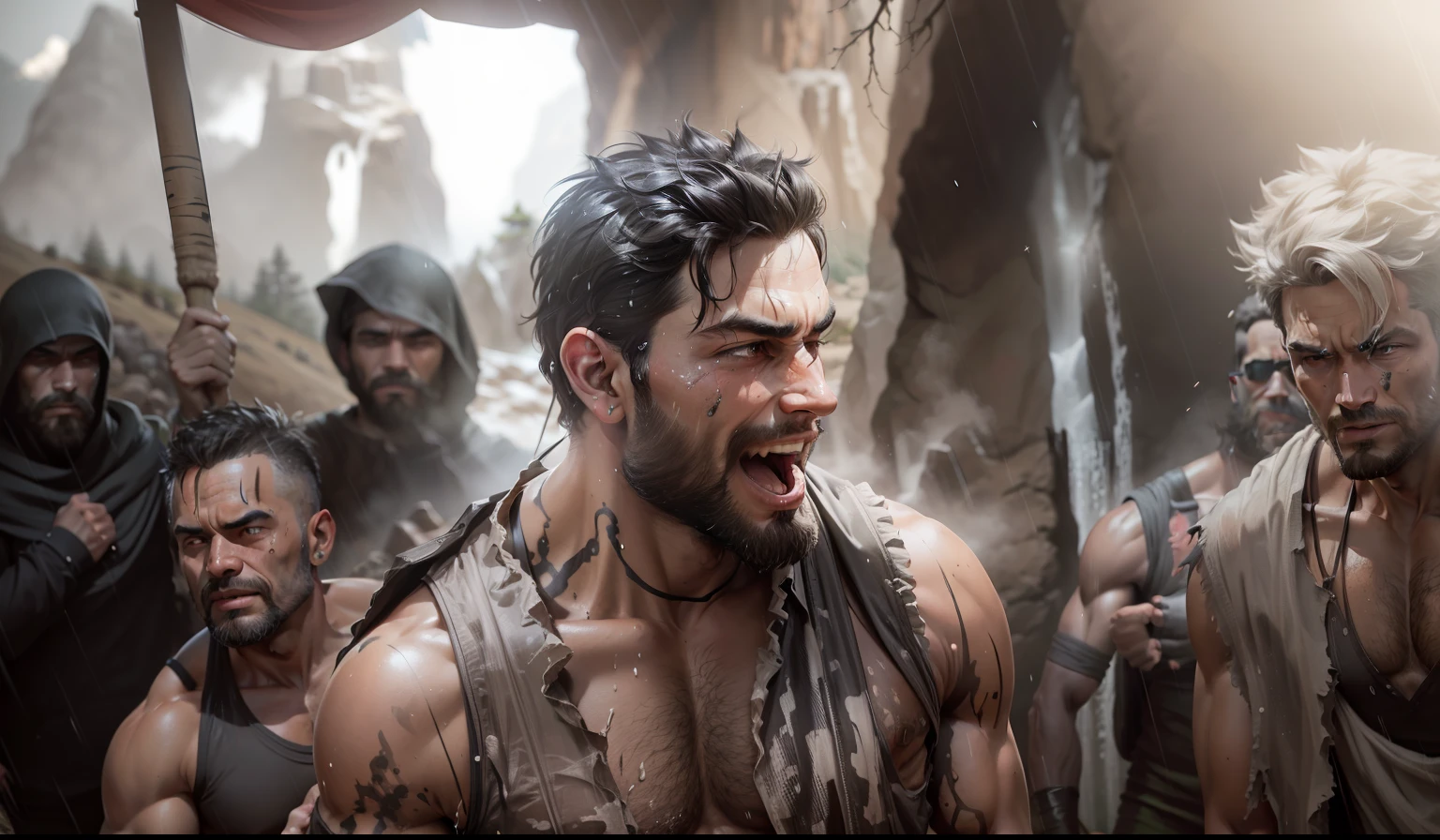 Man with short hairs, fit body, light beard,  forest, thunder , Raning, muddy face and body, sleeveless, black and gray dress, villain look, detailed skin, bulky body, fat body, laughing, hilly area, mountain, tribes, muddy and dusty, tent in background, waterfall in background, heavy Raining thunder with foggy environment, celebration, black ink spot on eye