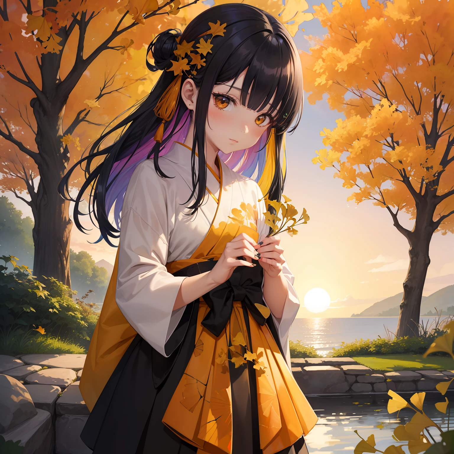 watercolor paiting(Beautifully Aesthetic:1.2)、(1girl in:1.3)、(colourful hair、Half black and half orange:1.2)、Eau、liquids、natta、colourfull、Beautiful sunset、Fantastic twilight、Large ginkgo tree、Many ginkgo leaves are dancing、Japanese dress、Gentle expression、