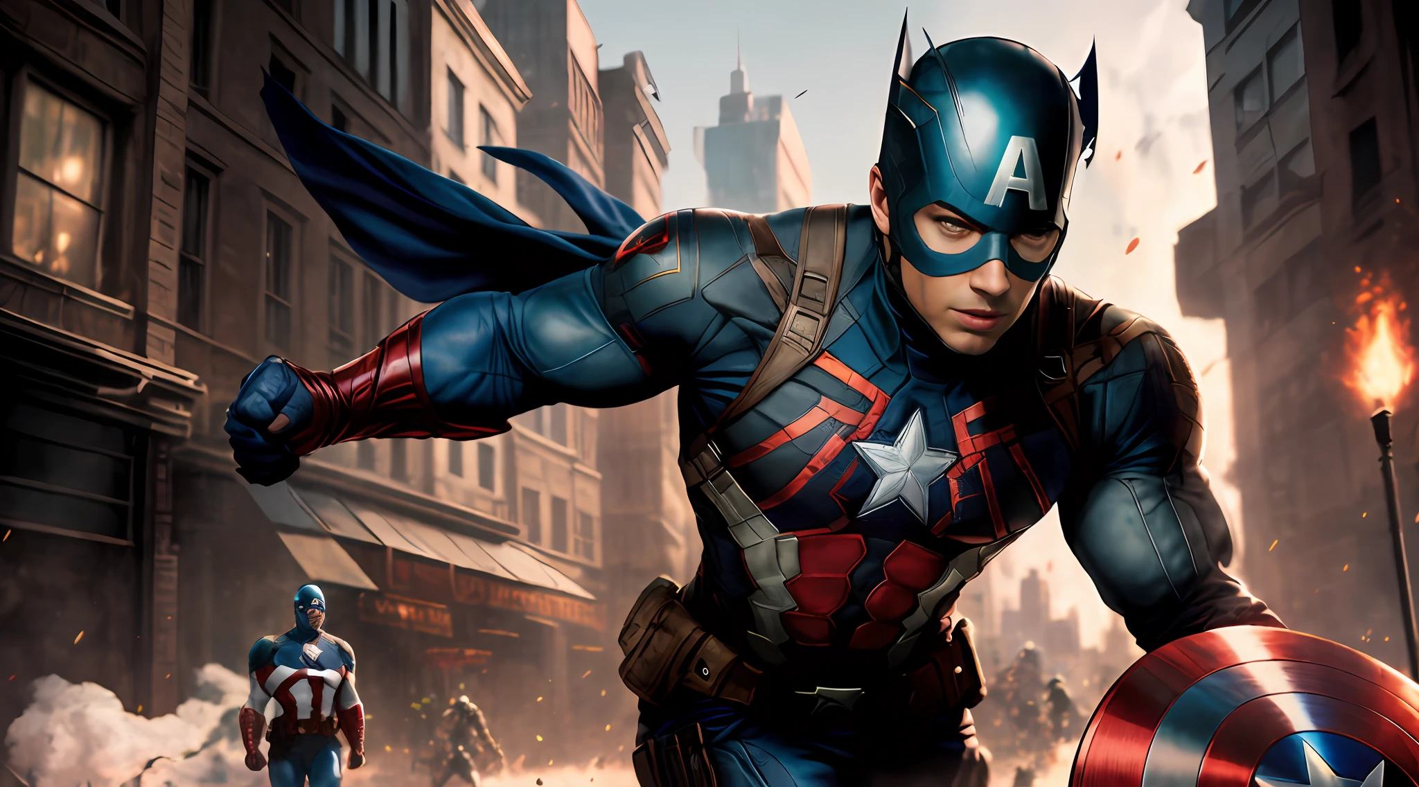 avengers war of the avengers is coming to the wii, portrait of captain america, captain america, 8k render”, marvel art, medium close - up ( mcu ), portrait shot, avatar aang as captain america, hero, hero pose colorful city lighting, marvel superhero, marvel concept art, cg art, marvel comic book characters, mr bean as captain america, mcu
