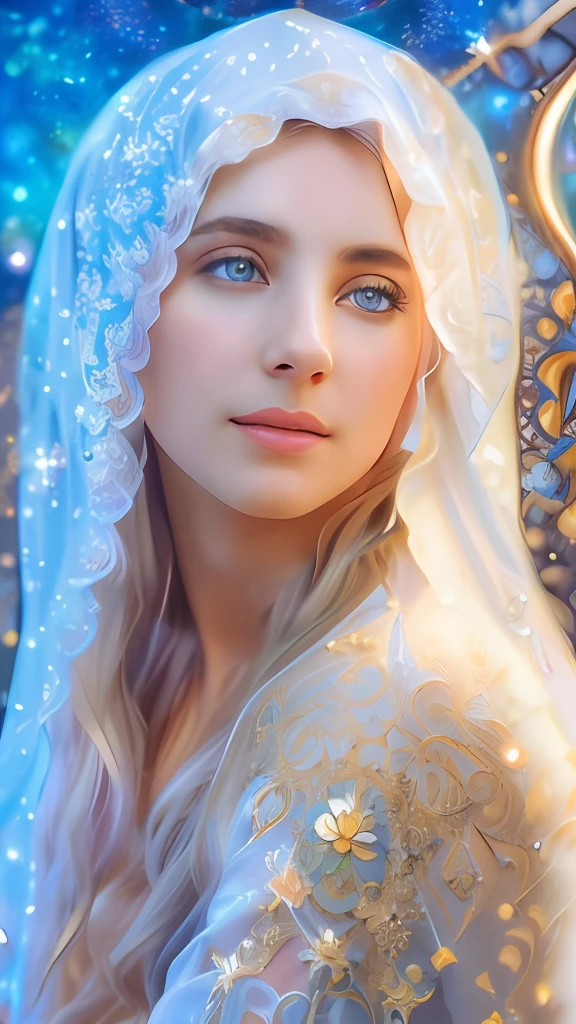 (((Blessed Virgin Mary))) Obra maestra, (La mejor calidad: 1.2), (super fine: 1.2), illustration, (extremadamente delicado y hermoso: 1.2), movie angle, flotante, (Hermoso ojo de detalle: 1.1), (detalle luz: 1.1), Movie Lights, Cielo delicado, ojos azules, (Cola de caballo alta: 1.1), capa, ojuelos, (luna: 1. 2), (Luz de la luna: 1.1), cielo estrellado, (light particles: 1.1) dibujo, flor. (Obra maestra), (La mejor calidad), (fotorrealista:1.3), 8k, Textura detallada de la piel, Textura detallada de la tela, Hermosa cara detallada, Detalles intrincados, Ultra detallado (cuerpo de cuerpo entero:1.2)