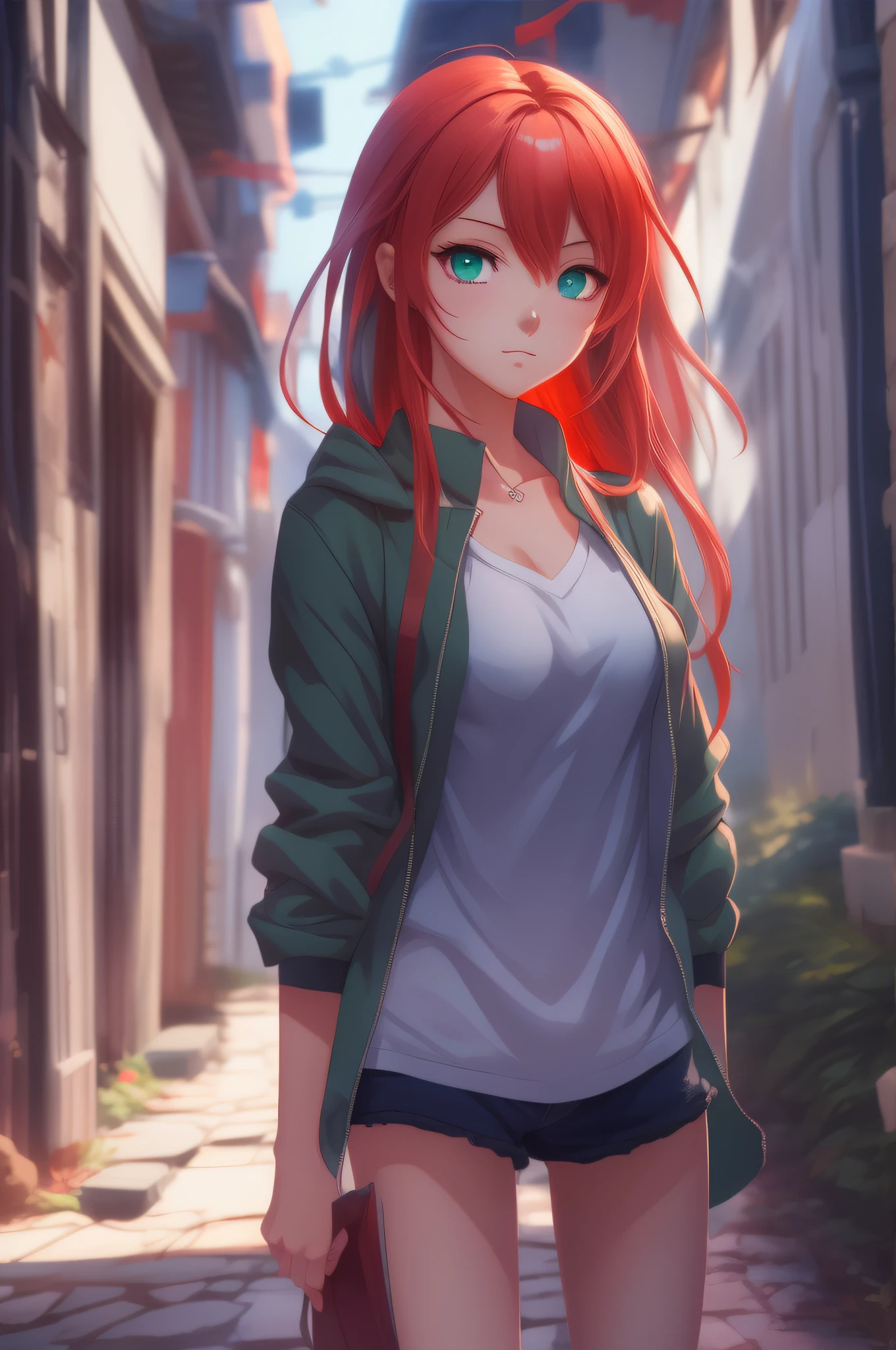 (master piece), best quality. A girl with red hair and green eyes is in a narrow alley, blue shirt, anime look of a pretty girl, NIJI style. 8k, 3d anime style, Guweiz on Pixiv ArtStation, made with anime painter studio, Guweiz, 4K anime style, moe anime artstyle, Realistic 3D anime style, young anime girl, hdr, 8k