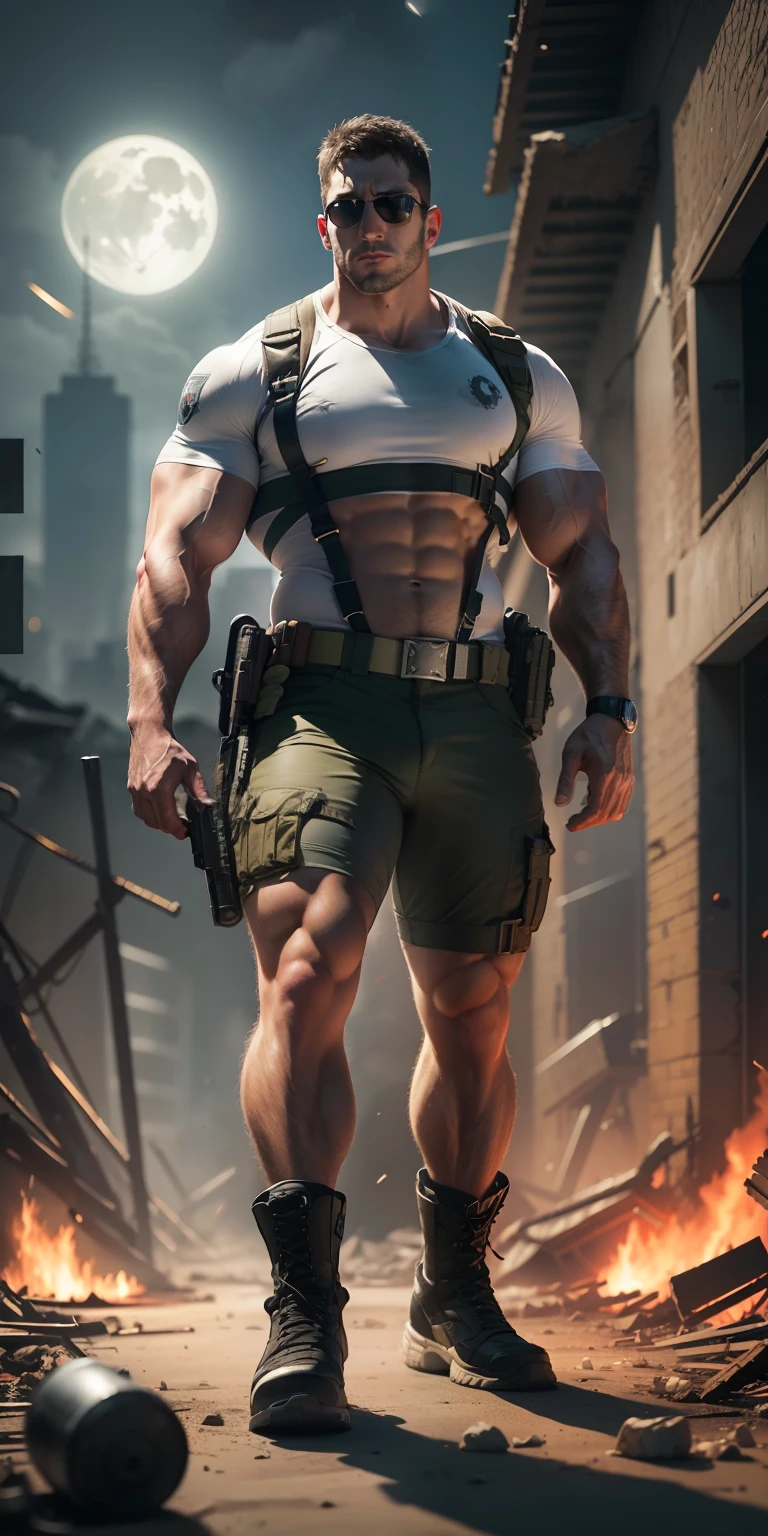 Movie poster, character design (Resident Evil - Chris Redfield, Chris Redfield) wearing a milky white combat uniform, standing alone in the ruins of the apocalypse, with a sad expression, muscular male hero, heroic male pose, tall and burly, muscular! Wearing sunglasses, sexy charming muscular leg muscles, tall burly, creamy white combat suit, super gain and cool, high resolution committee, cream white combat boots, attractive strong male, bright moonlight on the body, lonely