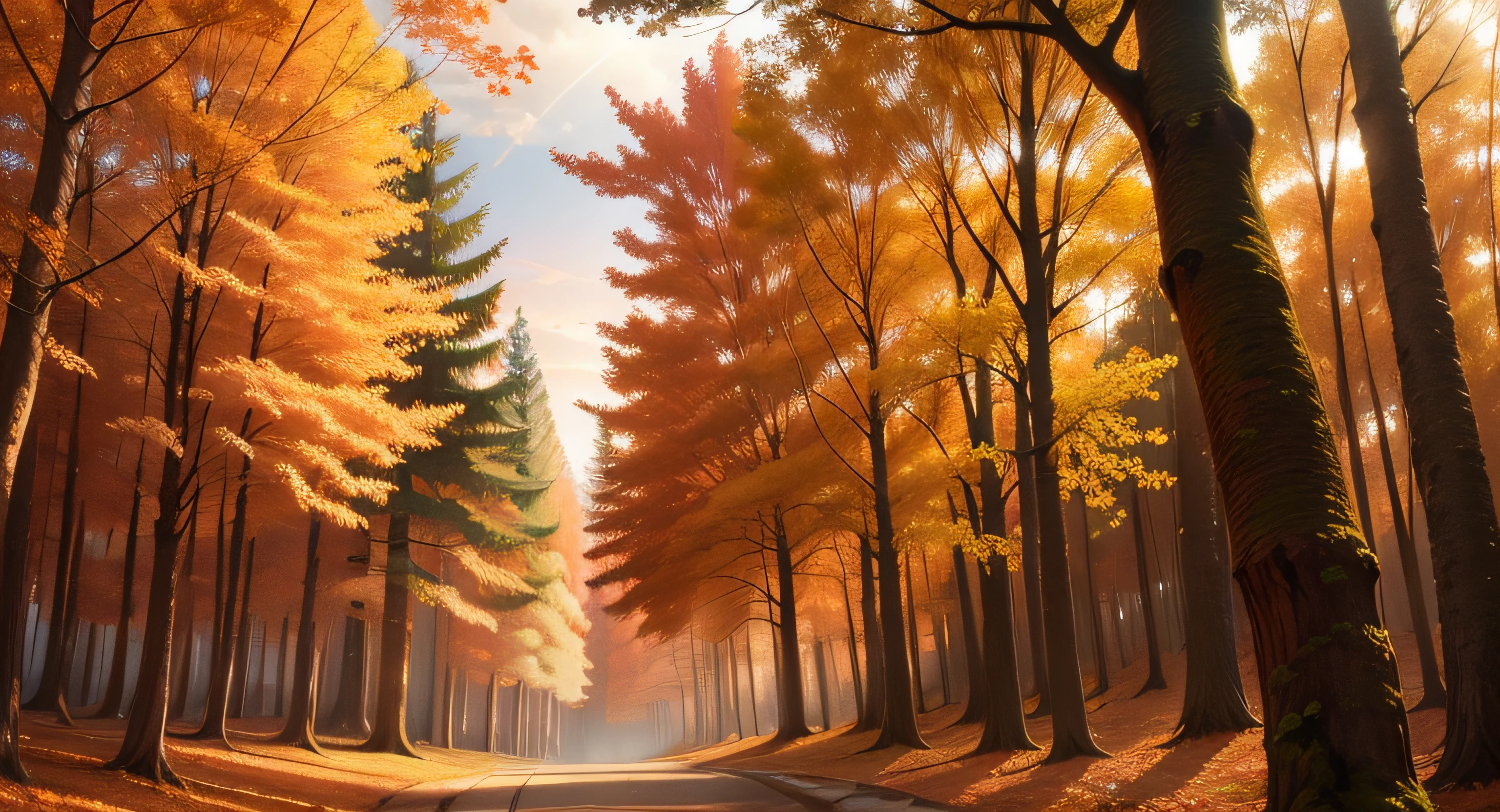 autumn trees with the sunlight at the treetops