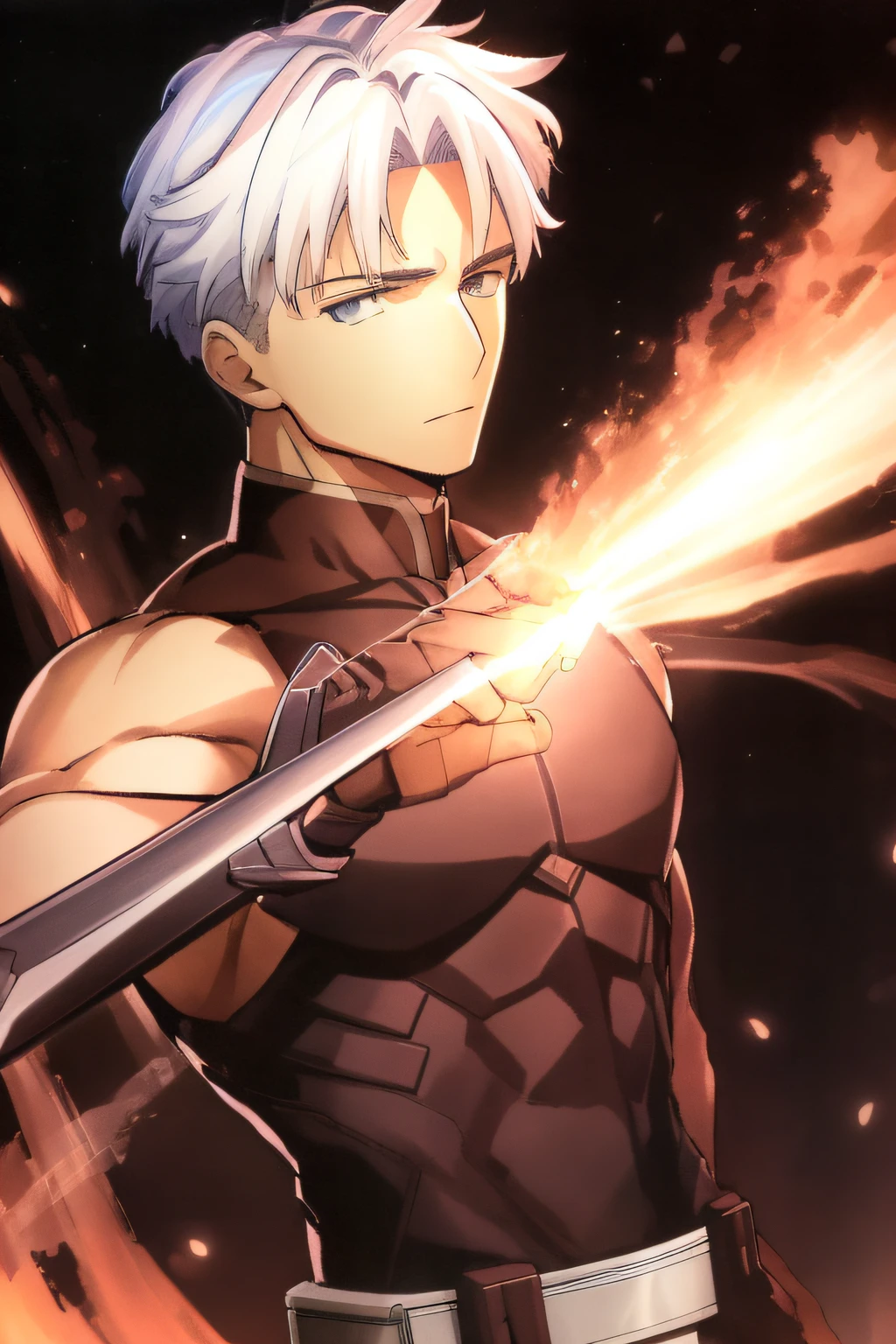 scan, (extremely detailed CG unity 8k wallpaper:1.1), highres, (1boy), emiya archer, fate stay night unlimited blade works, (white hair), (black shirt), (grey eyes), sleeveless, breasts, belt, ufotable style