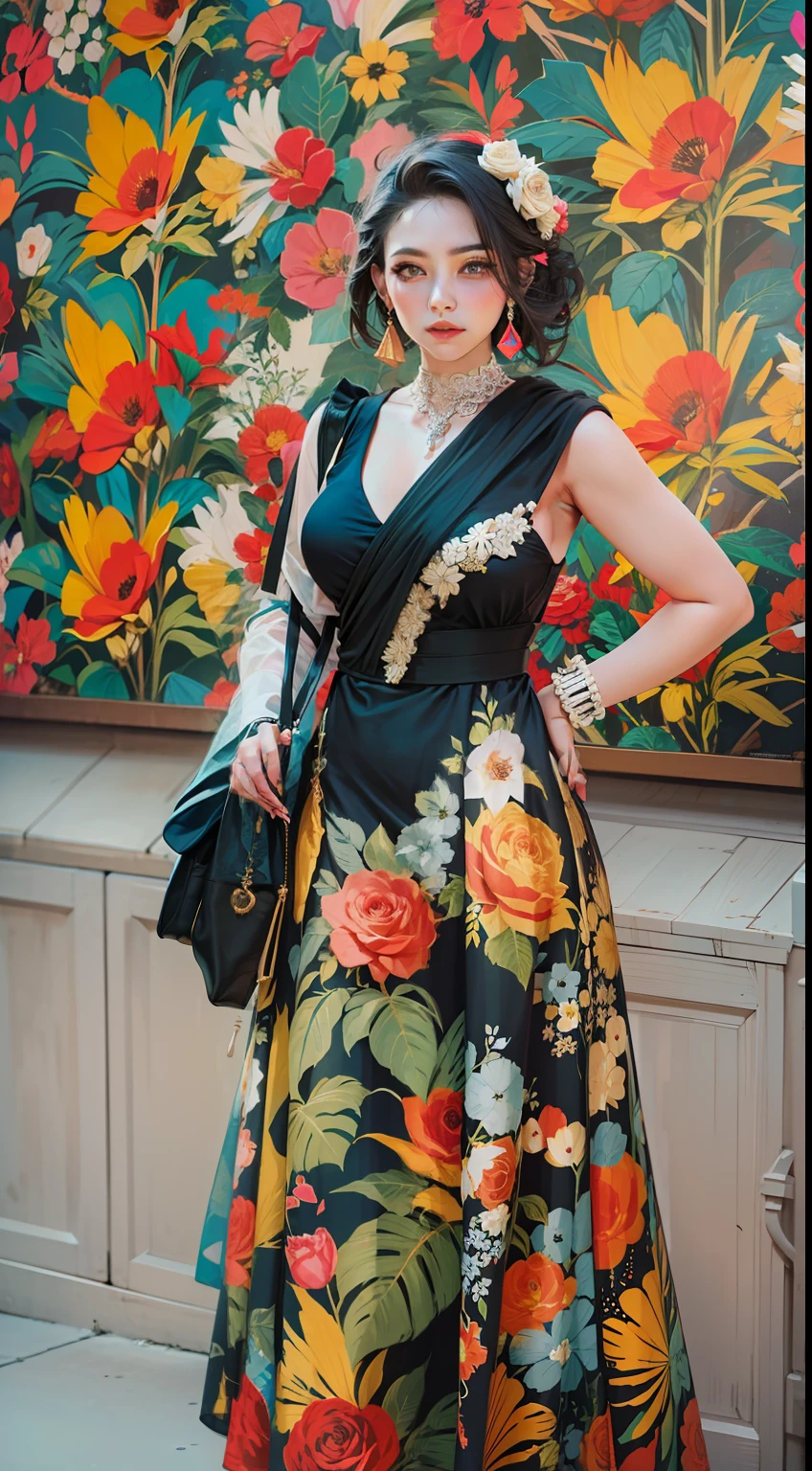 Beautiful woman in intricate Bold and Abstract Florals Outfit