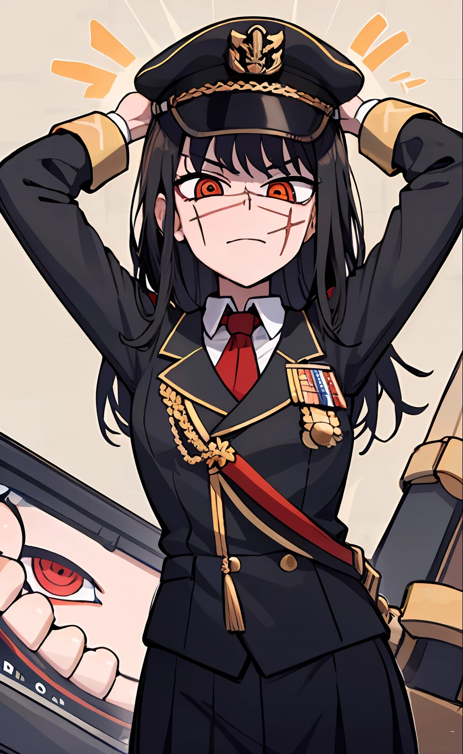 (masterpiece, best quality: 1.2), Solo, 1girl, Yoru \(Chainsaw Man\), looking at the viewer, different poses, red eye, long hair, completely black hair, reference to clothing of a German WWII general, black long sleeves (best quality), scar on face, beautiful eyes, has only 2 arms, has war medals on his clothes, Black Military Cap, Golden Eagle Medal on Clothing, (Wallpaper), (8K HD), (8K HD), Golden Shoulder Pads, Sprites, 1 Single Design (obra maestra, mejor calidad: 1.2), Solo, 1girl, Yoru \(Chainsaw Man\), mirando al espectador, sonrisa, feliz, diferentes poses, ojo rojos, cabello largo, cabello completamente negro, reference to clothing of a German general from World War II, mangas largas negras (mejor calidad), cicatriz en la cara, hermosos ojos, tiene solo 2 brazos, manos bien hechas, tiene medallas de guerra en su ropa, Gorra militar negra, Golden Eagle Medal in Dress, (fondo de pantalla), (8K HD), (8K HD), hombreras doradas, sprites, 1 single design
