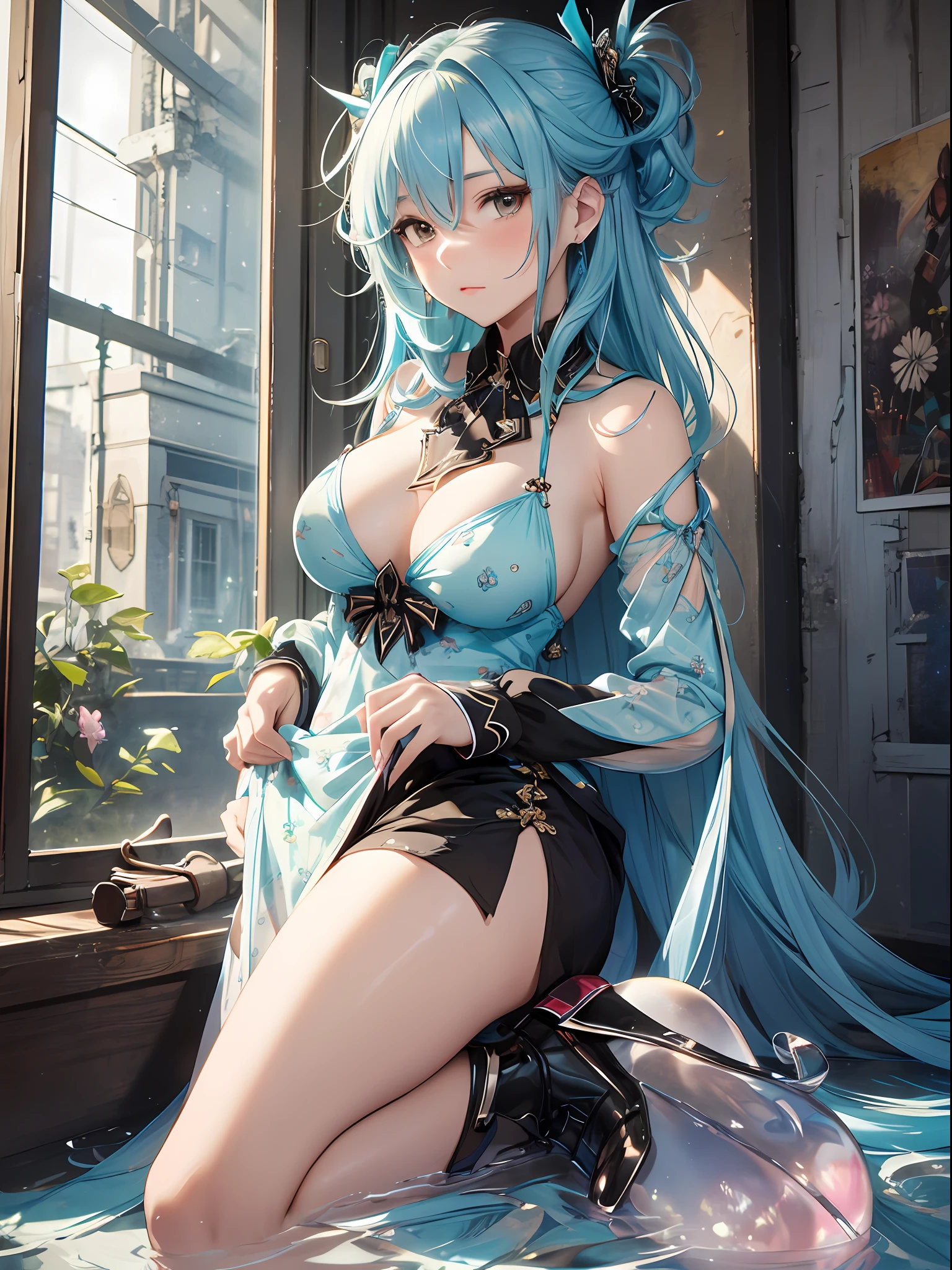 (Enrich the picture,Masterpiece level quality)Beautiful 8K CG artwork,Goddess-like posture,Kneeling exercise,Slim and soft,Translucent skin,Aqua blue hair、The aesthetic look of extra-long hair and messy hair,The skin is fair and juicy,Big JK Uniform,Perspective Part 1.2x enhanced silhouette effect,Exquisite transparent blues pattern in pajamas,The details are intricate and exquisite,The background is slightly blurred,Charming and lustful leg seduction,Drool,Extra-large big breasts,Blush,