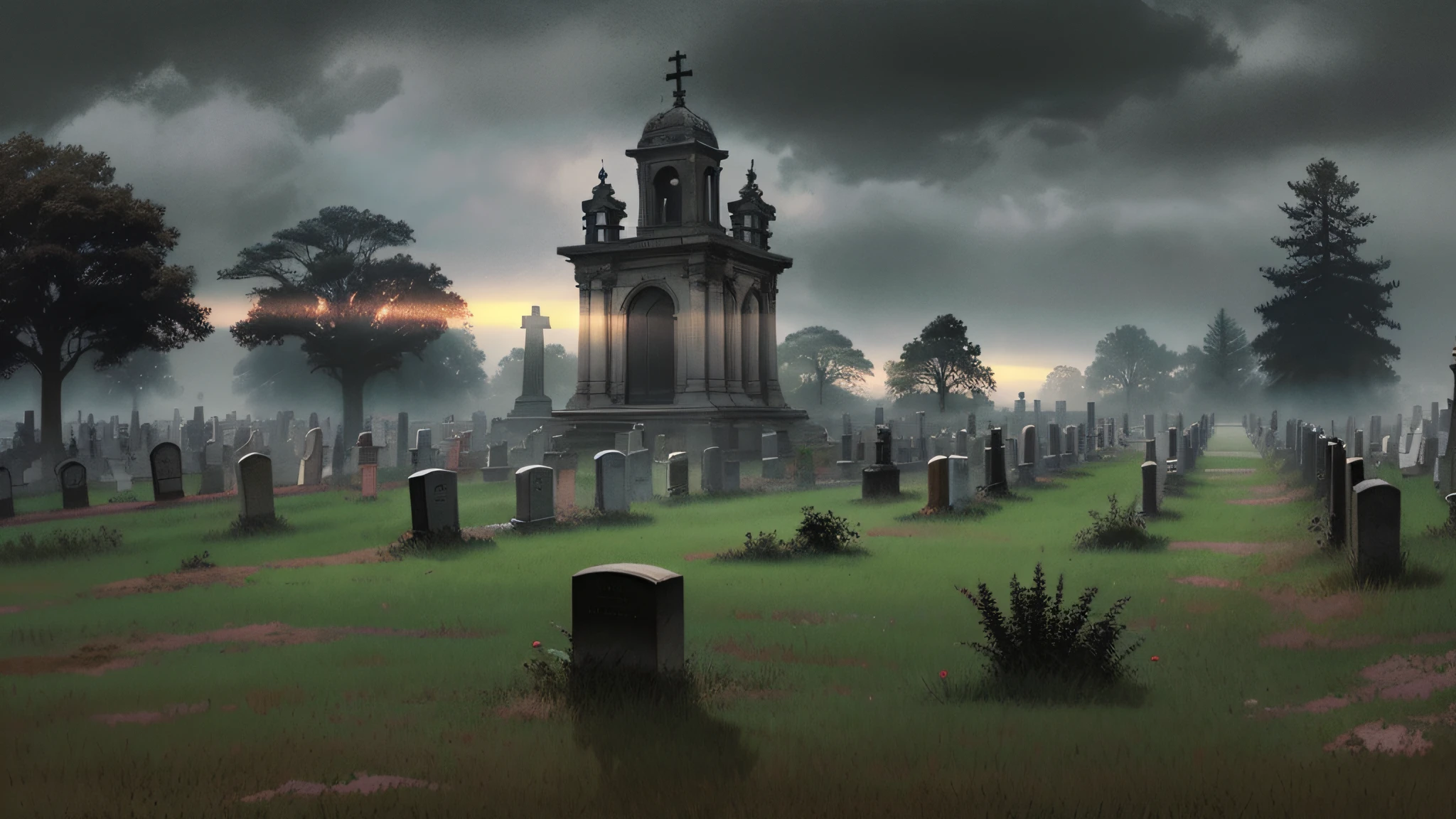 a gloomy cemetery with fog by craig mullins, consumed by time and neglect, the atmosphere is heavy with a sense of sorrow and impending doom, concept art, artstation, trending on instagram, 8 k, ultra detailed, award winning, , beams of light, night, (intricate details), (hyperdetailed), 8k hdr