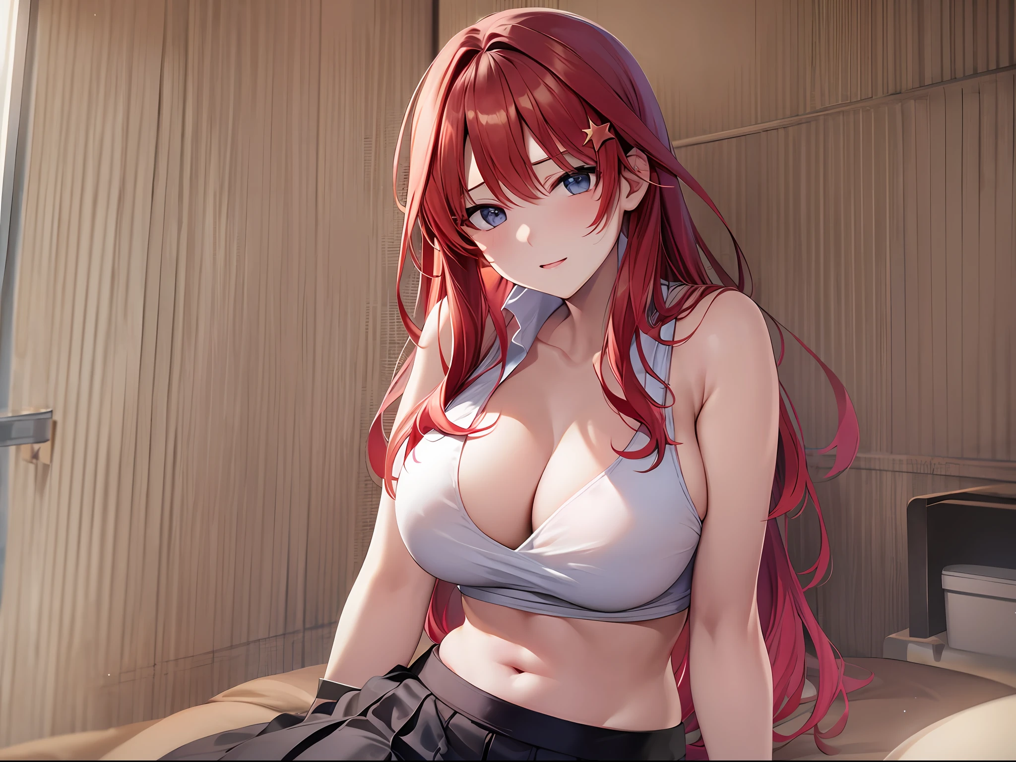 red hair, large breasts, underwear, in, cleavage, navel, white shirt, (brachial), skirt, lie, Body, sexy, sitting, star hairpins,