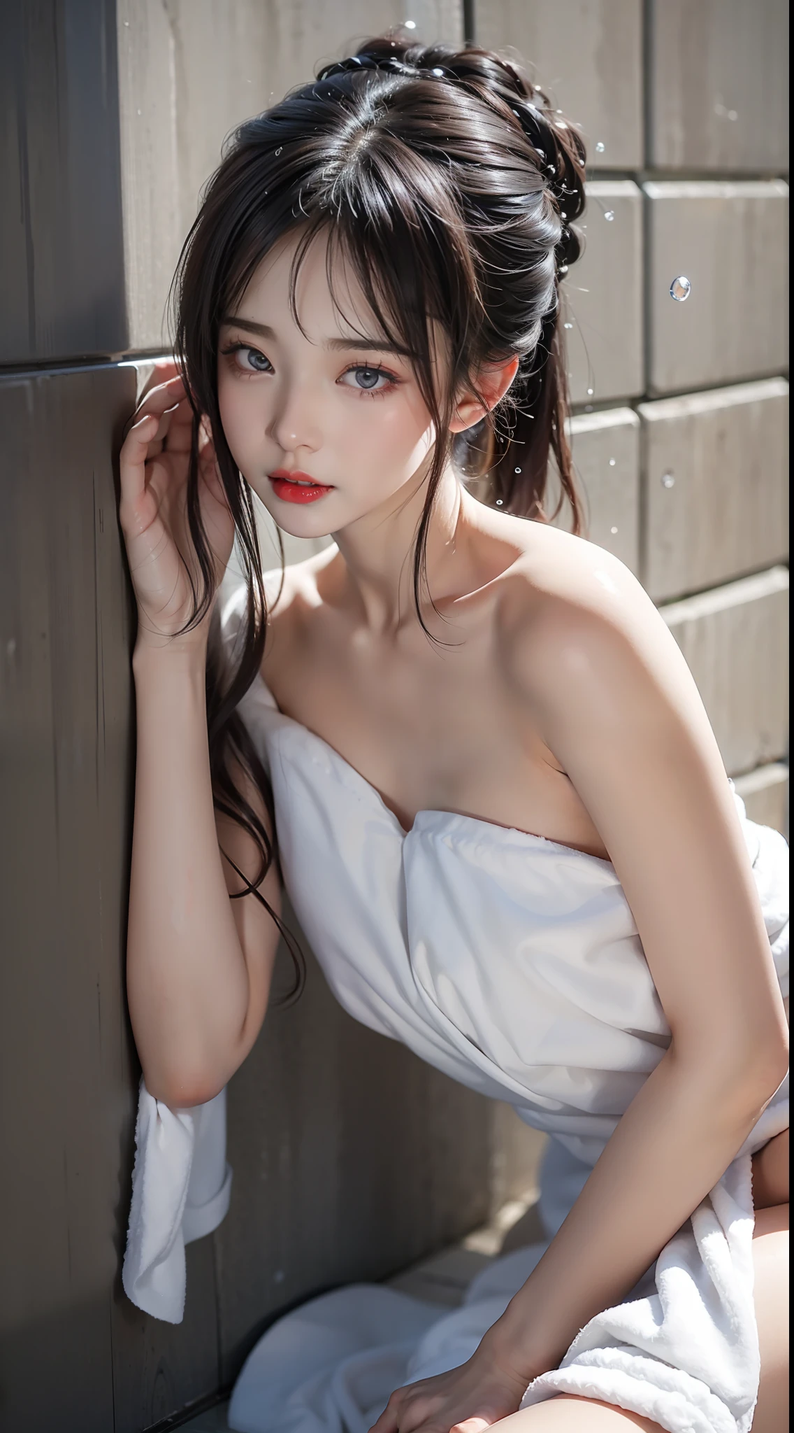 浴室,Water drop detail,Girl in bath towel,Wet hair is tempting,slightly red face,The red lip is delicate,Charming eyes,Leaning against the wall