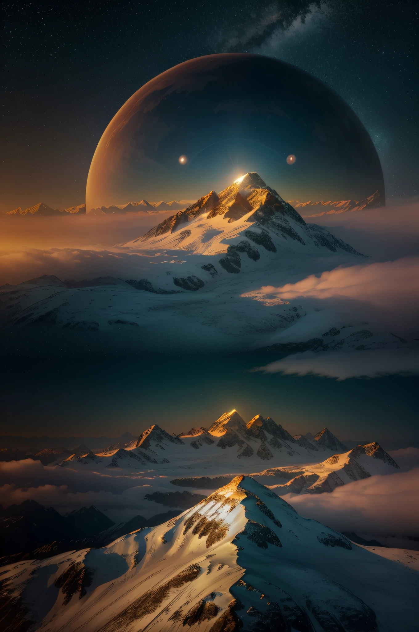 Forest and snow capped mountains at sunrise, Polished, Beautiful, Radiant, Golden hour, Cosmic, Hyper detailed, Detailed, Iridescent, Ethereal, Eerie, Ominous, Vibrant, Steamy, Flickering light, Photorealistic, lord of the rings, nasa, national geographic photo, photo of saturn and mars, parallel universes, beautiful vision