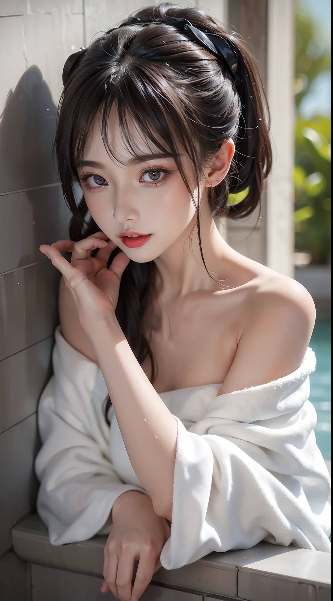 浴室,Water drop detail,Girl in bath towel,Wet hair is tempting,slightly red face,The red lip is delicate,Charming eyes,Leaning against the wall