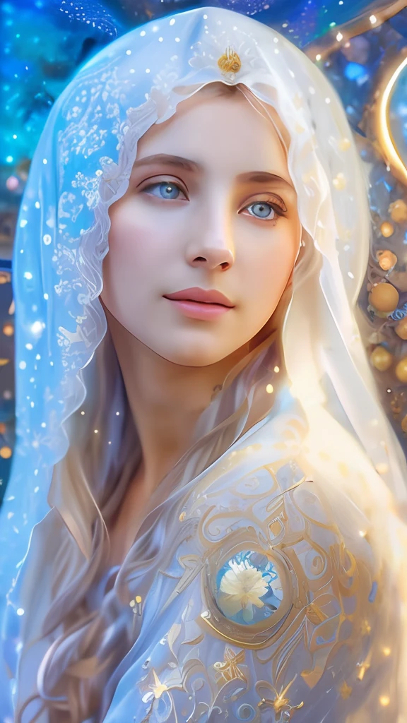 (((Blessed Virgin Mary))) Obra maestra, (La mejor calidad: 1.2), (super fine: 1.2), illustration, (extremadamente delicado y hermoso: 1.2), movie angle, flotante, (Hermoso ojo de detalle: 1.1), (detalle luz: 1.1), Movie Lights, Cielo delicado, ojos azules, (Cola de caballo alta: 1.1), capa, ojuelos, (luna: 1. 2), (Luz de la luna: 1.1), cielo estrellado, (light particles: 1.1) dibujo, flor. (Obra maestra), (La mejor calidad), (fotorrealista:1.3), 8k, Textura detallada de la piel, Textura detallada de la tela, Hermosa cara detallada, Detalles intrincados, Ultra detallado (cuerpo de cuerpo entero:1.2)
