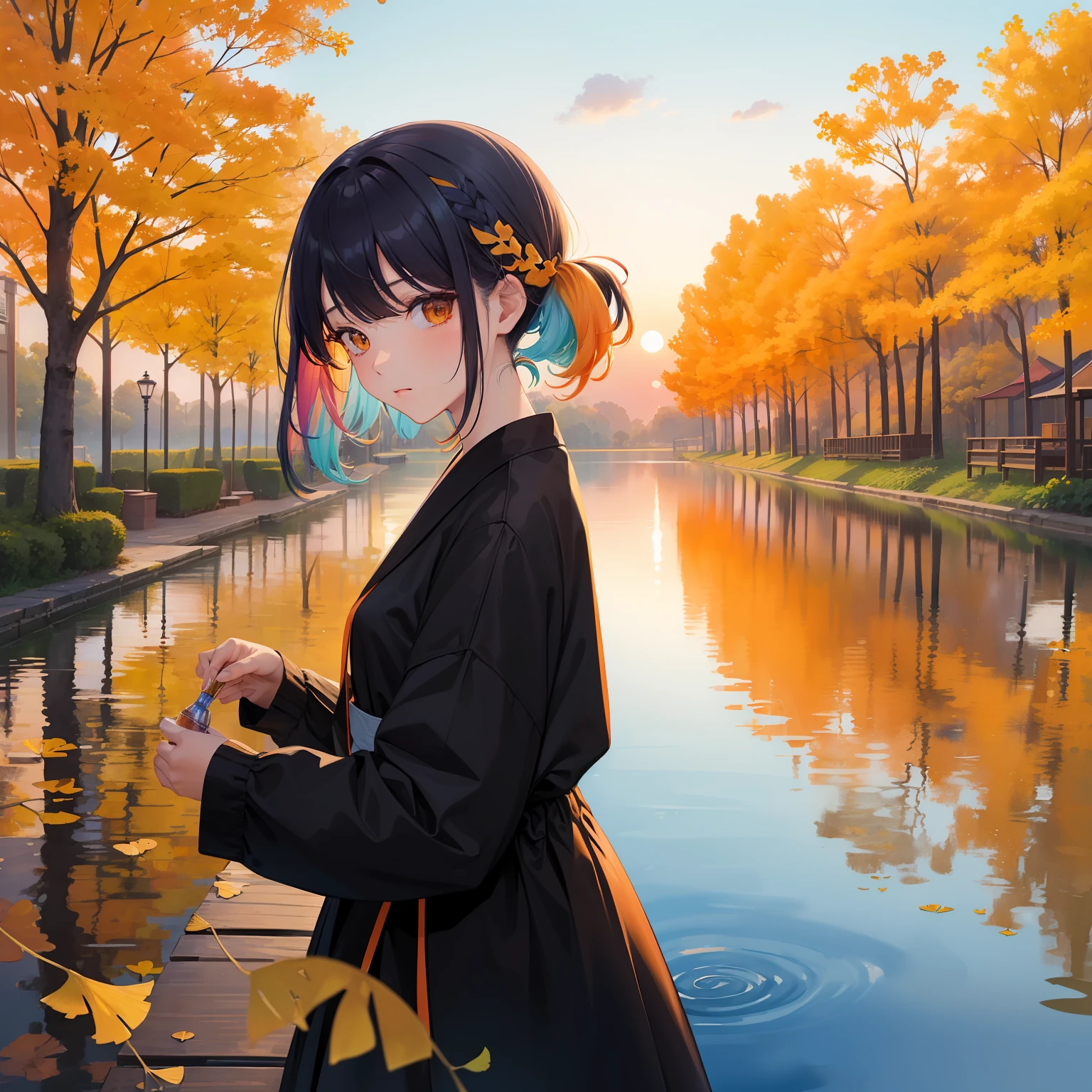 watercolor paiting(Beautifully Aesthetic:1.2)、(1girl in:1.3)、(colourful hair、Half black、Half orange:1.2)、Eau、liquids、natta、colourfull、Beautiful sunset、Fantastic Twilight、Big ginkgo tree、Lots of gingko leaves are waiting