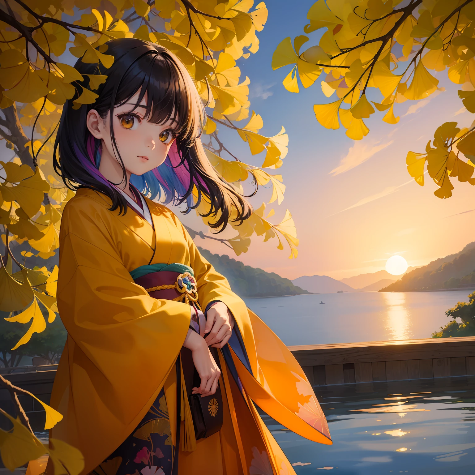 watercolor paiting(Beautifully Aesthetic:1.2)、(1girl in:1.3)、(colourful hair、Half black、Half orange:1.2)、Eau、liquids、natta、colourfull、Beautiful sunset、Fantastic Twilight、Big ginkgo tree、Lots of gingko leaves are dancing、Japanese dress、Gentle expression、
