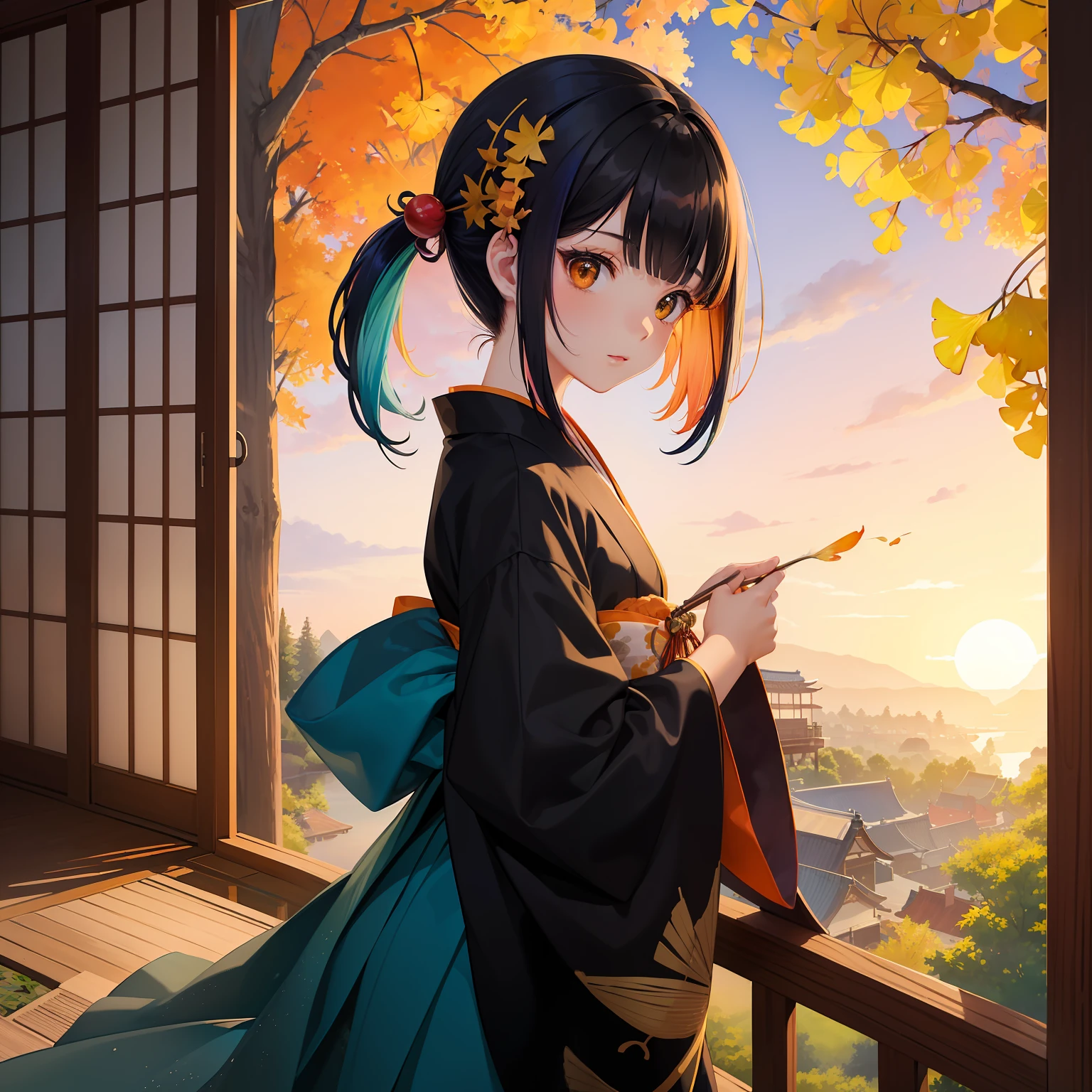 watercolor paiting(Beautifully Aesthetic:1.2)、(1girl in:1.3)、(colourful hair、Half black、Half orange:1.2)、Eau、liquids、natta、colourfull、Beautiful sunset、Fantastic Twilight、Big ginkgo tree、Lots of gingko leaves are dancing、Japanese dress、Gentle expression、