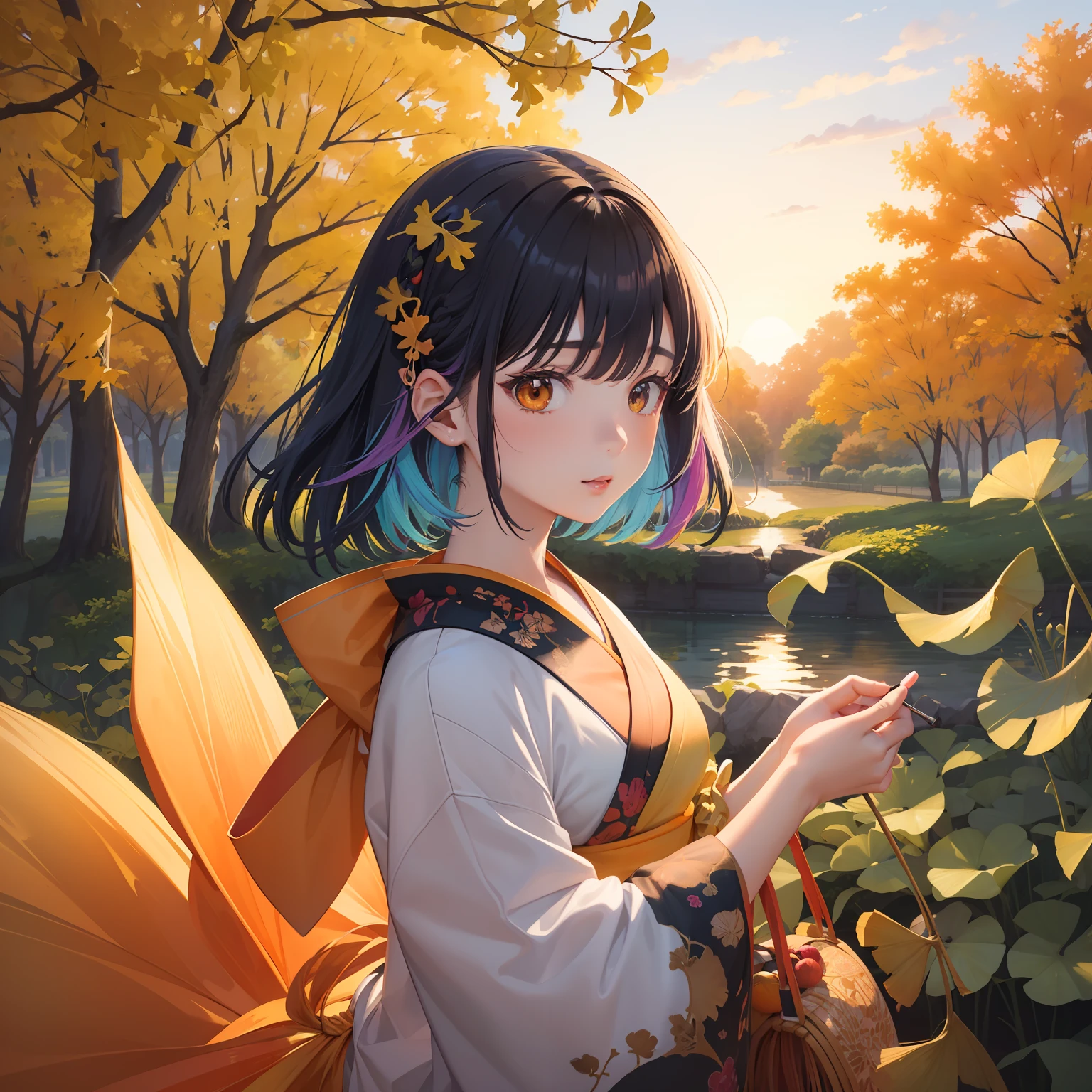 watercolor paiting(Beautifully Aesthetic:1.2)、(1girl in:1.3)、(colourful hair、Half black、Half orange:1.2)、Eau、liquids、natta、colourfull、Beautiful sunset、Fantastic Twilight、Big ginkgo tree、Lots of gingko leaves are dancing、Japanese dress、Gentle expression、