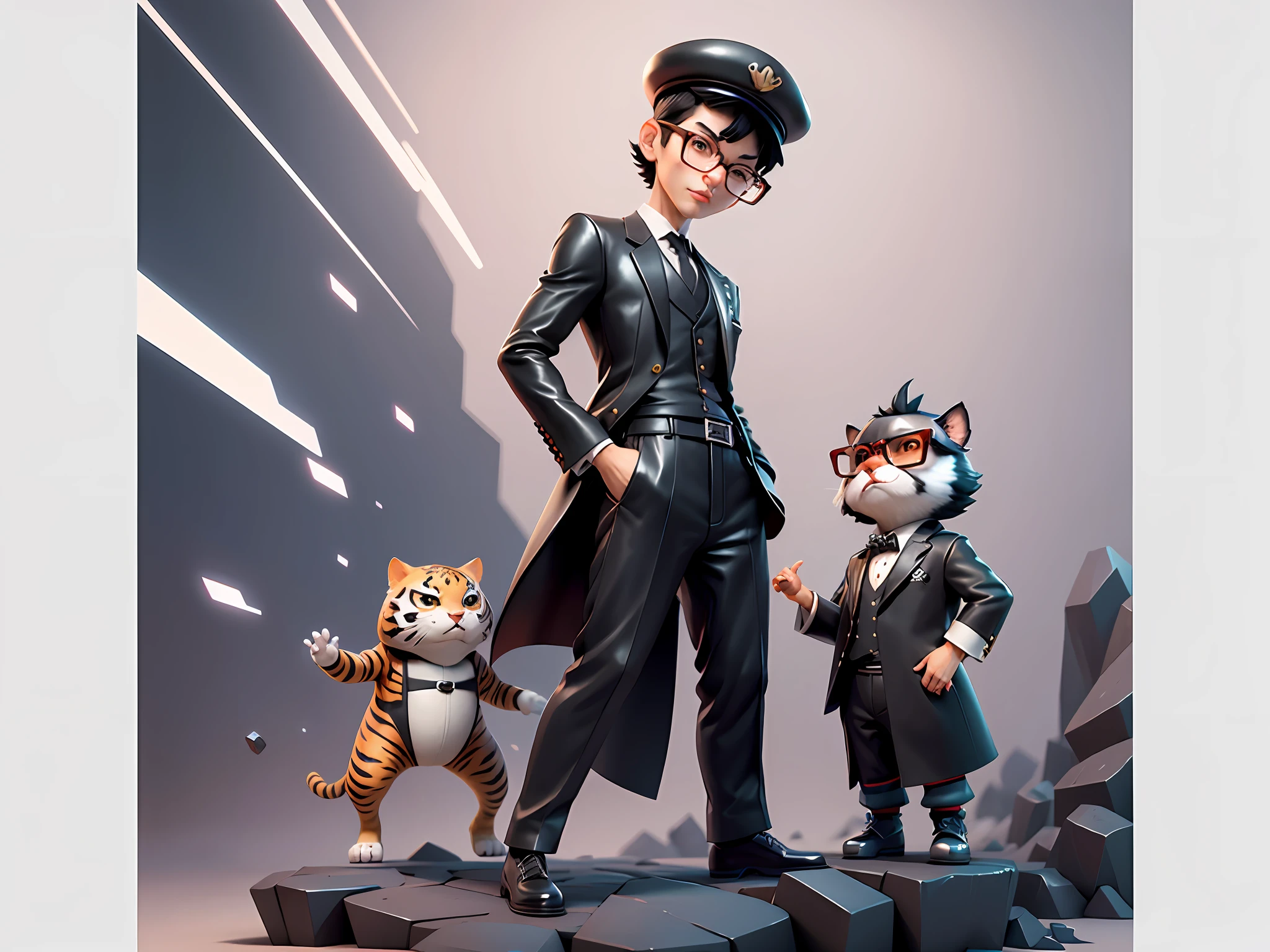 Young man with oriental face in leather hat, tiger, oriental face in formal suit, short black hair, silver glasses, digital painting, 3D character design by Mark Clairedon and Pixar and Hayao Miyazaki and Akira Toriyama, the illustration is a high-definition illustration in 4K resolution with very detailed facial features and cartoon-style visuals.