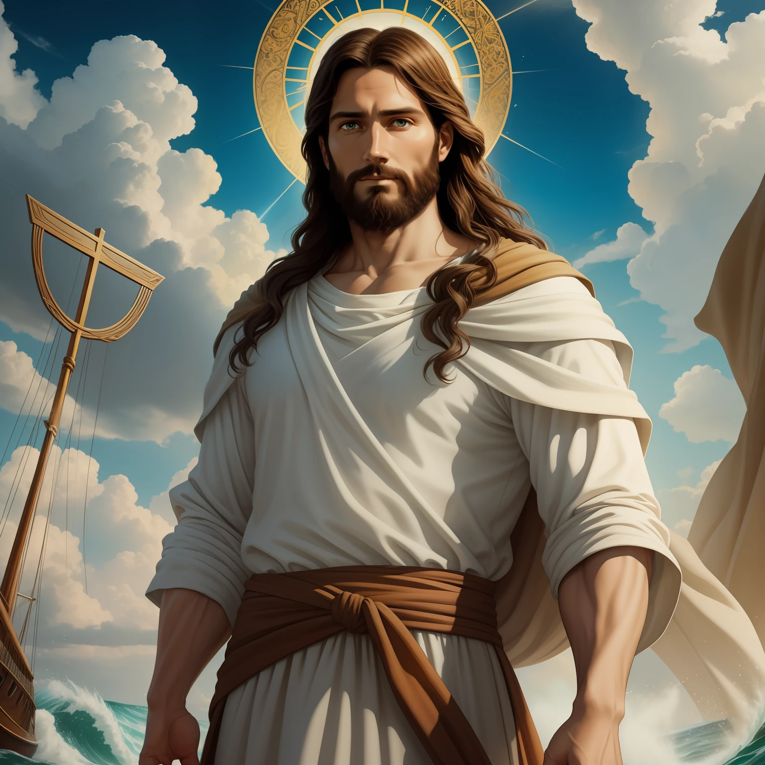 A beautiful ultra-thin realistic portrait of Jesus, the prophet, a man 35 years old Hebrew brunette, short brown hair, real perfect eyes, long brown beard, with, Helping People , wearing long linen tunic closed on the chest part, in front view masterpiece,  full body, biblical, realistic,by Diego Velázquez,Peter Paul Rubens,Rembrandt,Alex Ross,8k, Concept Art, PhotoRealistic, Realistic,  Illustration, Oil Painting, Surrealism, HyperRealistic, helping people , Digital art, style, watercolorReal Jesus flying on sky with a flying cloud in the background, Jesus walking on water, biblical illustration, epic biblical representation, forcing him to flee, coming out of the ocean, ! holding in hand!, disembarking, god of the ocean, beautiful representation, 8k 3D Model, realistic,
a 3D Realistic of jesus with a halo in the sky, jesus christ, smiling in heaven, portrait of jesus christ, jesus face, 35 young almighty god, portrait of a heavenly god, greg olsen, gigachad jesus, jesus of nazareth, jesus, the face of god, god looking at me, he is greeting you warmly, he is happy, avatar image,  on the top heaven sky
