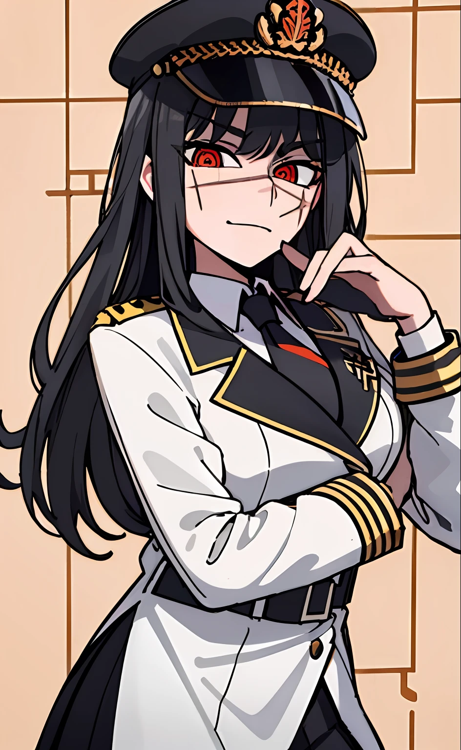 (masterpiece, best quality: 1.2), Solo, 1girl, Yoru \(Chainsaw Man\), looking at the viewer, different poses, red eye, long hair, completely black hair, reference to clothing of a German WWII general, black long sleeves (best quality), scar on face, beautiful eyes, has only 2 arms, has war medals on his clothes, Black Military Cap, Golden Eagle Medal on Clothing,  (Wallpaper), (8K HD), (8K HD), Golden Shoulder Pads, Sprites, 1 Single Design (masterpiece, best quality: 1.2), Solo, 1girl, Yoru \(Chainsaw Man\), looking at the viewer, smile, happy, different poses, red eye, long hair, completely black hair, reference to clothing of a German WWII general, black long sleeves (best quality), scar on face,  beautiful eyes, has only 2 arms, has war medals on his clothes, black military cap, golden eagle medal on clothing, (wallpaper), (8K HD), (8K HD), (8K HD), golden shoulder pads, sprites, 1 single design