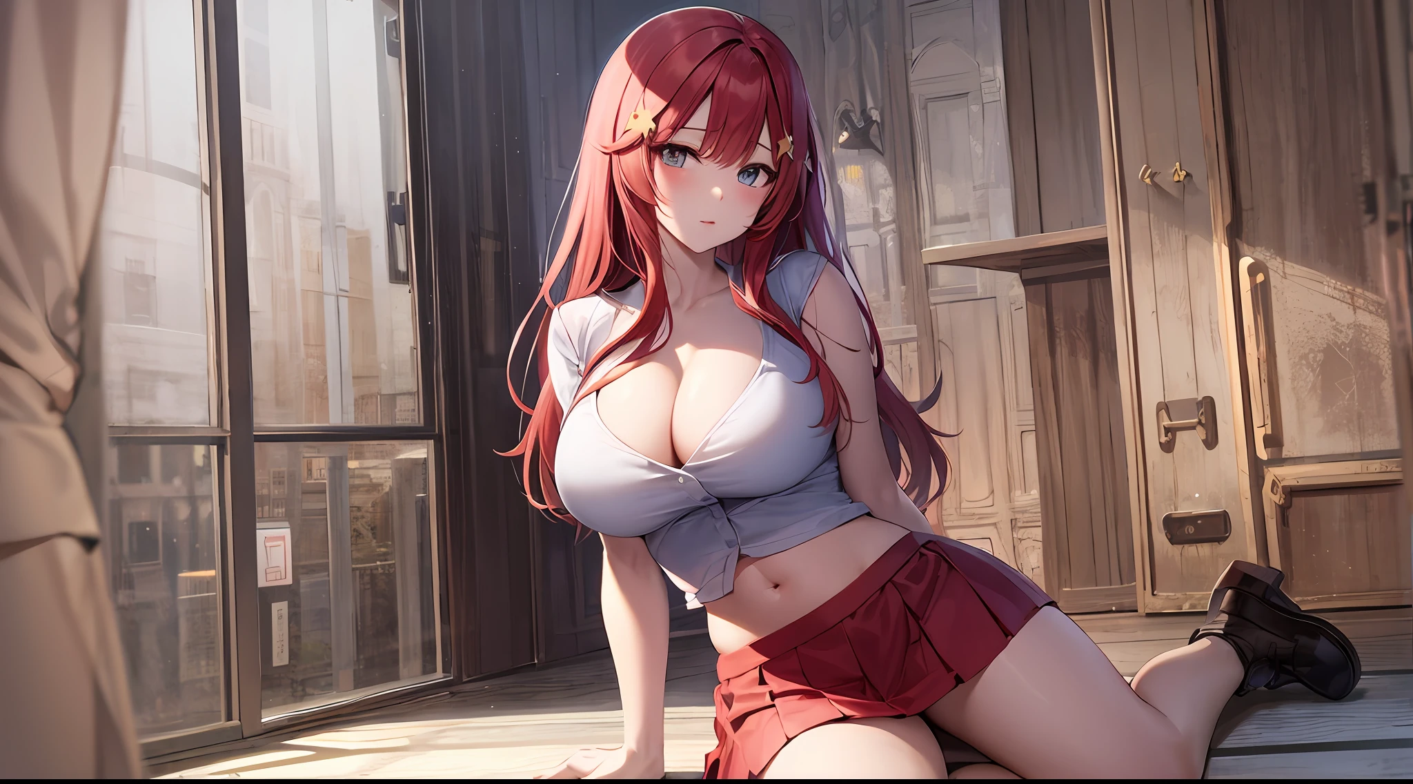 red hair, large breasts, underwear, in, cleavage, navel, white shirt, (brachial), skirt, lie, Body, sexy, sitting, star hairpins,