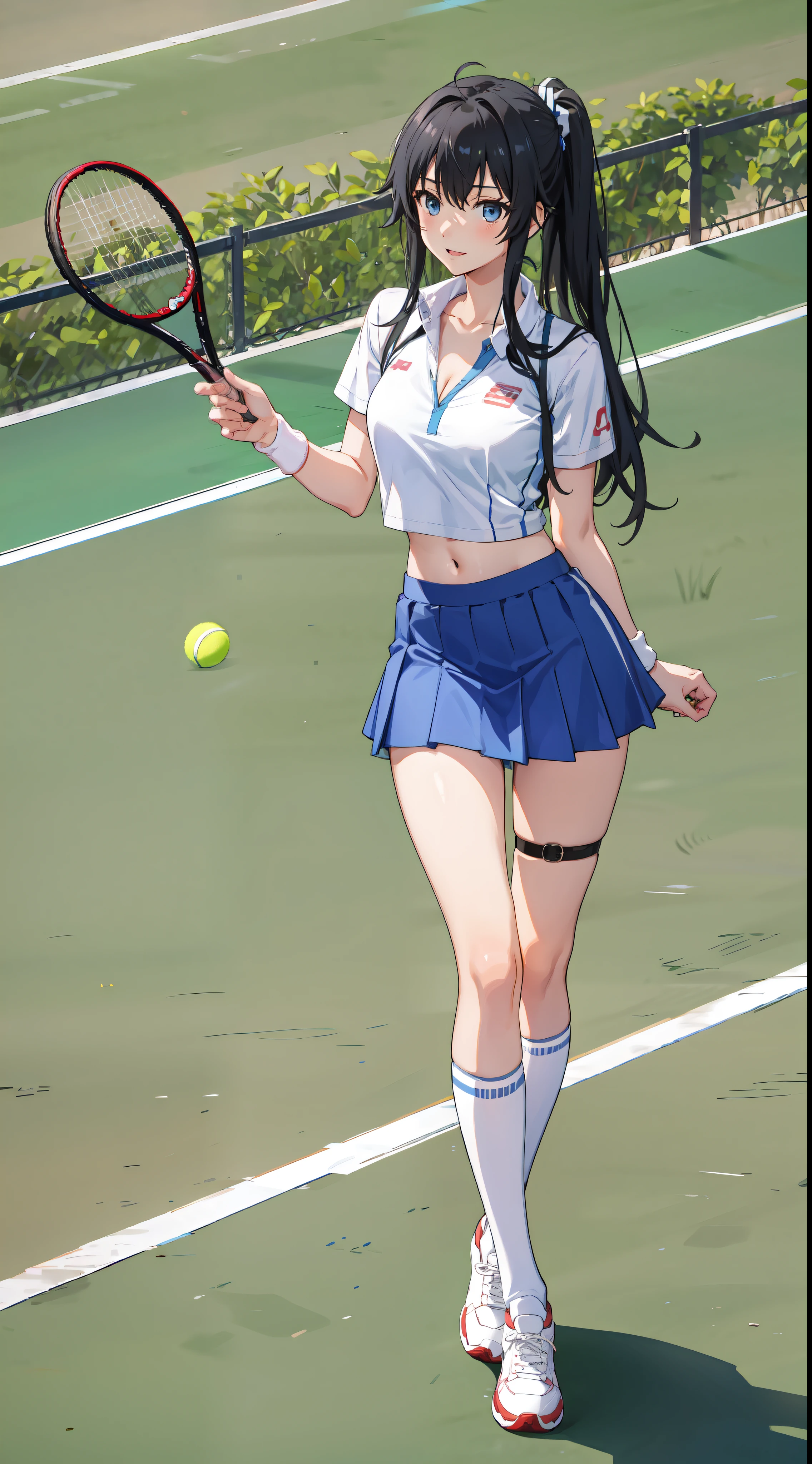 Yukino yukinoshita, long hair, cleavage, navel, slim legs, black hair, blue eyes, short skirt, thigh high socks, teen, happy, tennis player uniform, park, leaning, full body