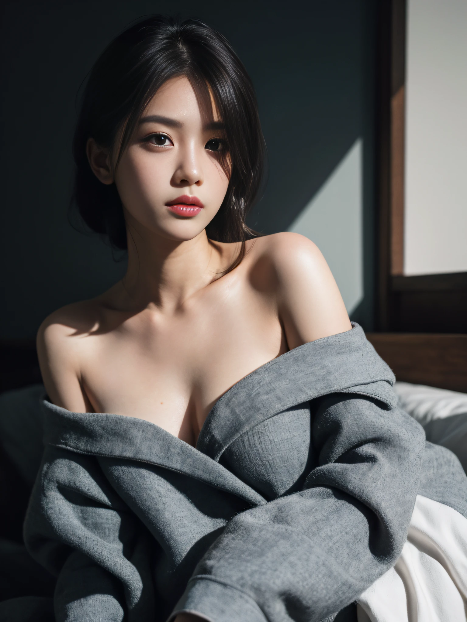 Best quality, masterpiece, ultra high res, (photorealistic:1.4), raw photo, 1girl, offshoulder, in the dark, deep shadow, low key, cold light --auto