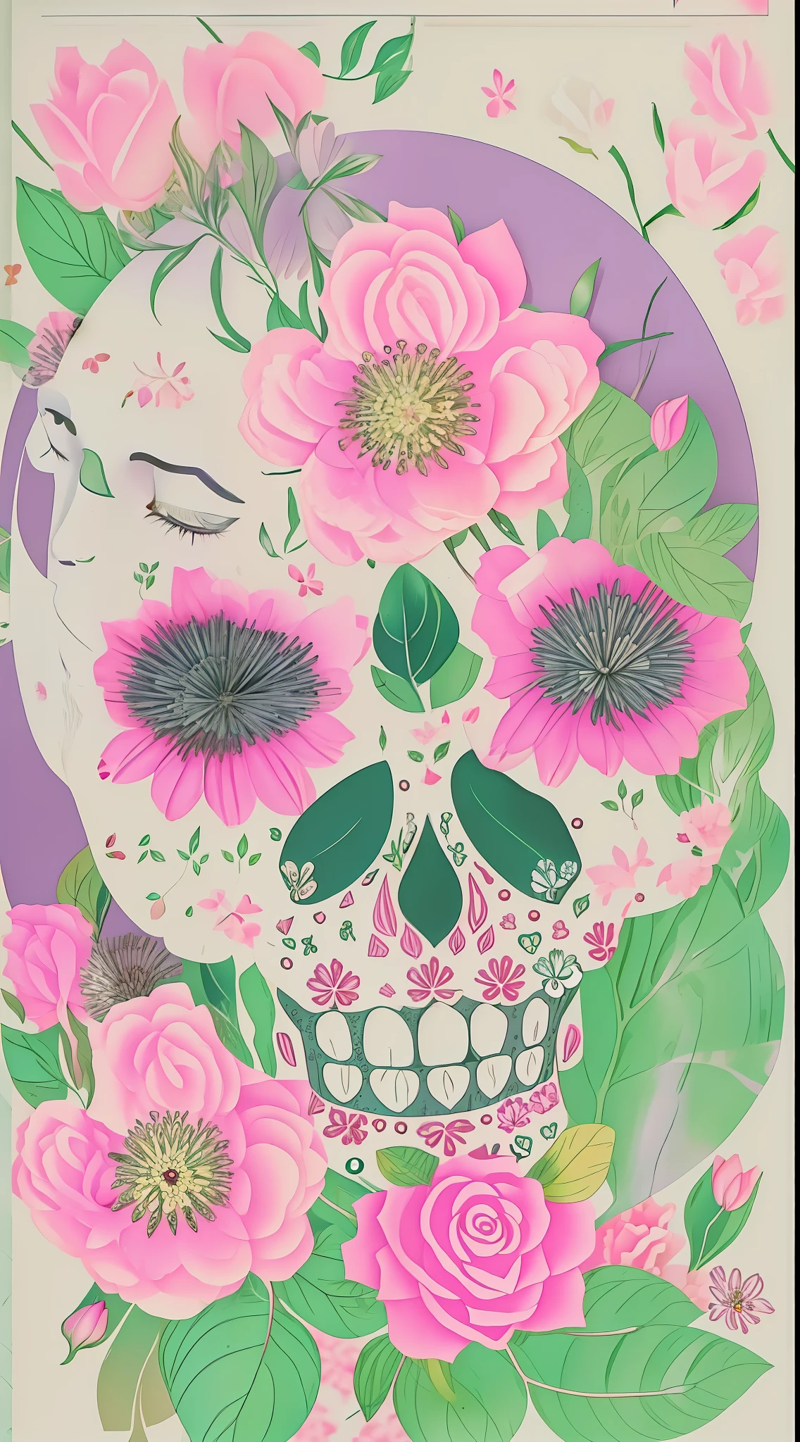 FLYER DIA DE MUERTOS EN COLORES PLATA Y ROSA PASTEL CON BELAS Y FLORES