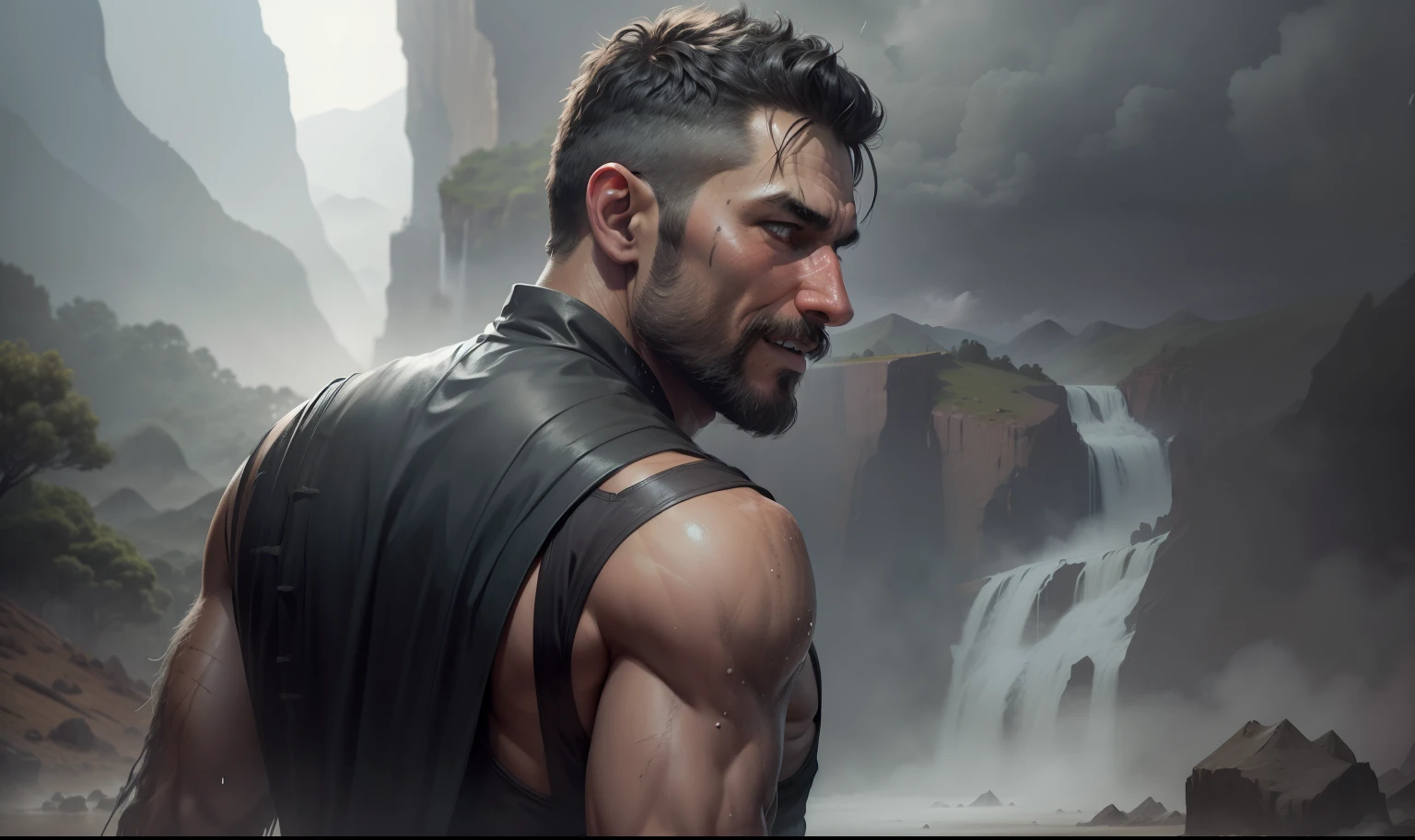 Man with short hairs, light beard, 40-50 years,  forest, thunder , Raning, muddy face and body, sleeveless, black and gray dress, villain look, detailed skin, bulky body, fat body, laughing, hilly area, mountain, tribes, muddy and dusty, tent in background, waterfall in background, heavy Raining thunder with foggy environment, cotton old dusty cloth, dark environment