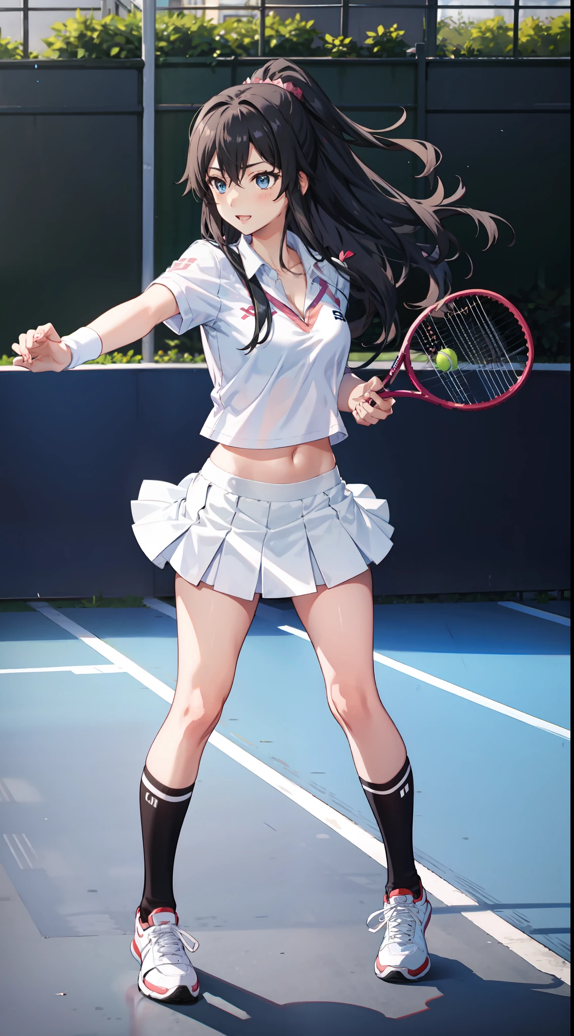Yukino yukinoshita, long hair, cleavage, navel, slim legs, black hair, blue eyes, short skirt, thigh high socks, , happy, tennis player uniform, park, leaning, full body