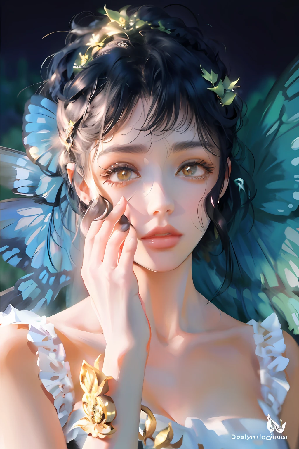 （black color hair，Black eyes，Ultra-clear image quality，1girl）There are butterflies and moss on the head，Dreamy light and shadow，Delicate facial features