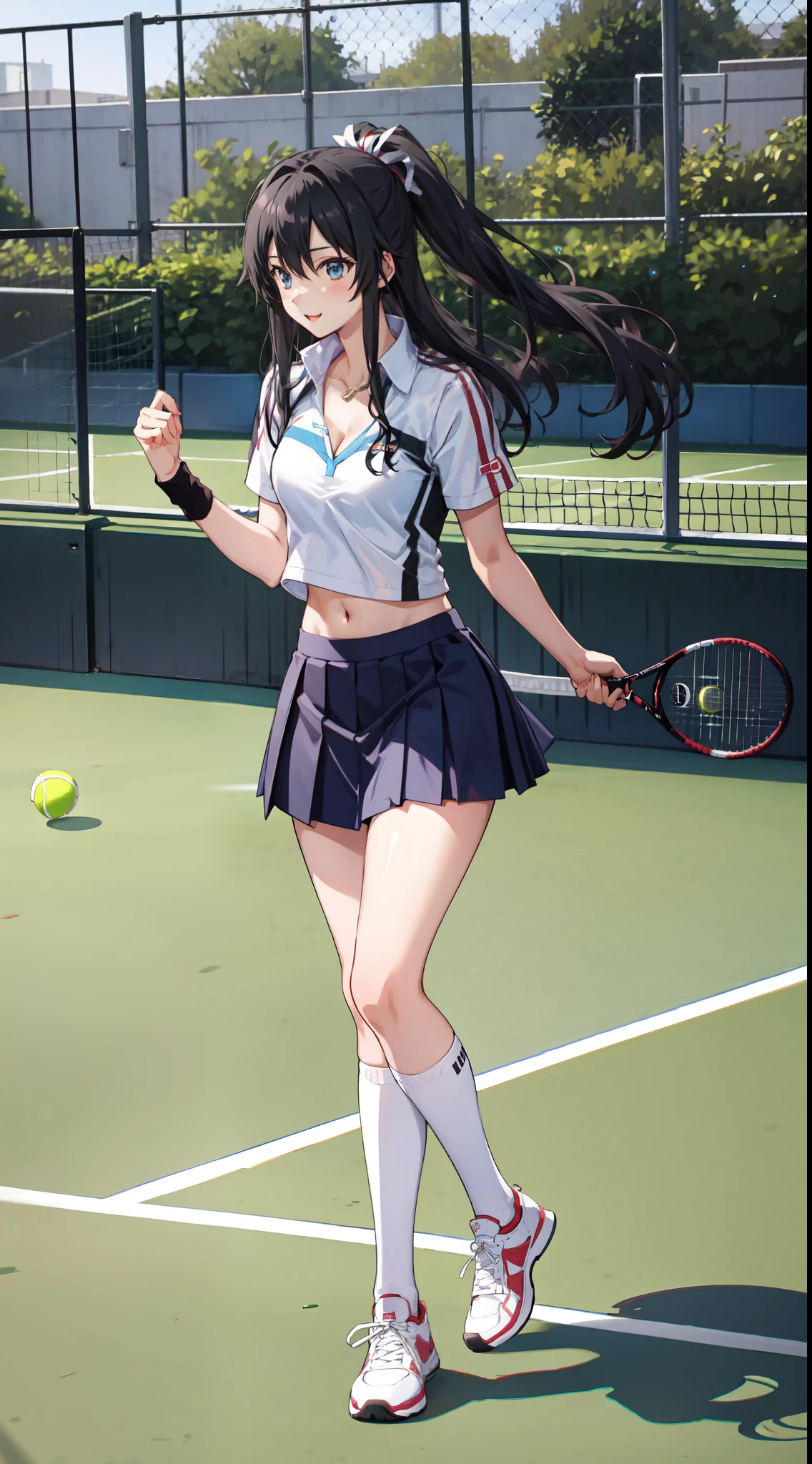 Yukino yukinoshita, long hair, cleavage, navel, slim legs, black hair, blue eyes,  short skirt, thigh high socks, teen, happy, tennis player uniform, park, leaning, full body