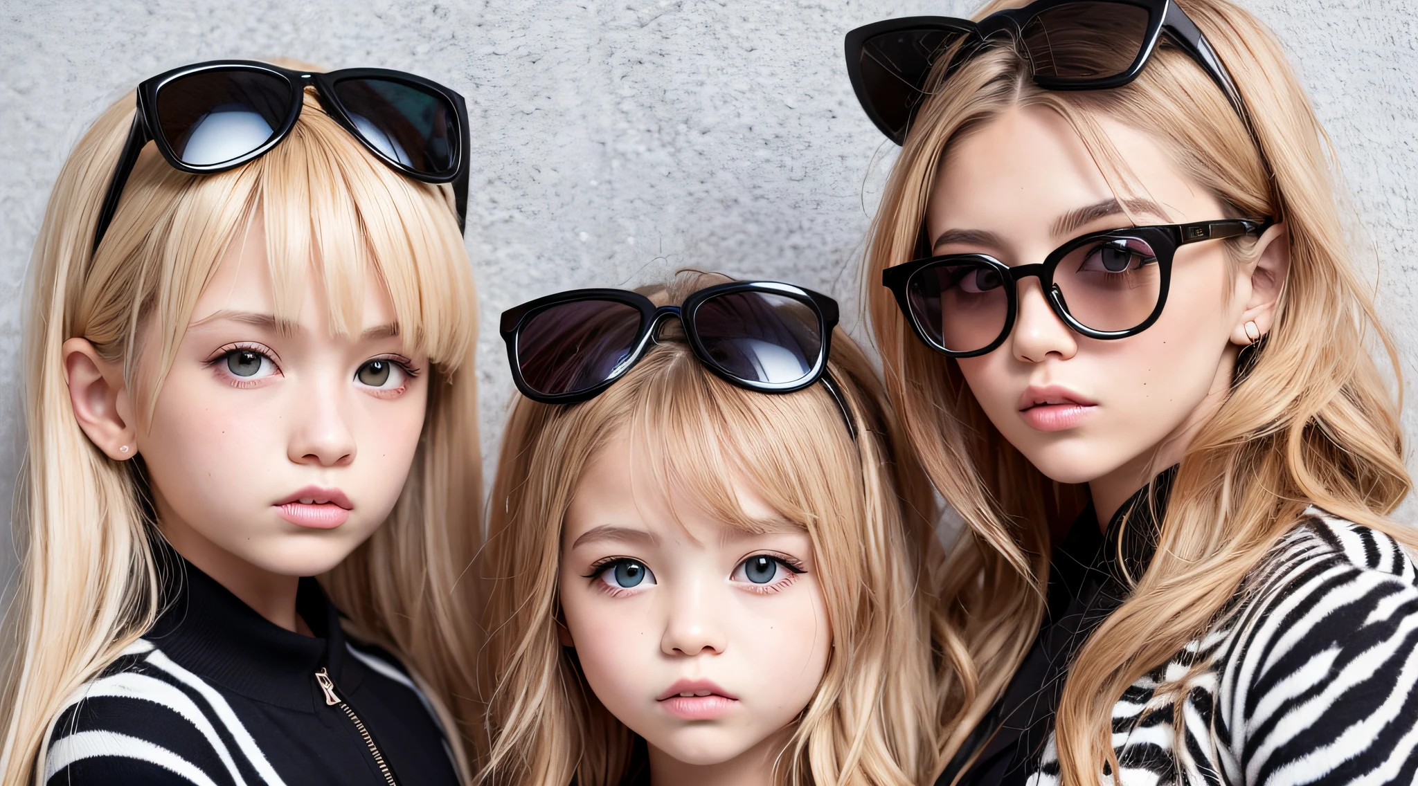 KIDS BLONDIES, CABELOS COMPRIDOS LOIRAS, 3 S KIDS DE 12 ANOAQUETAS COURO E OCULOS ESTILO ZEBRA.